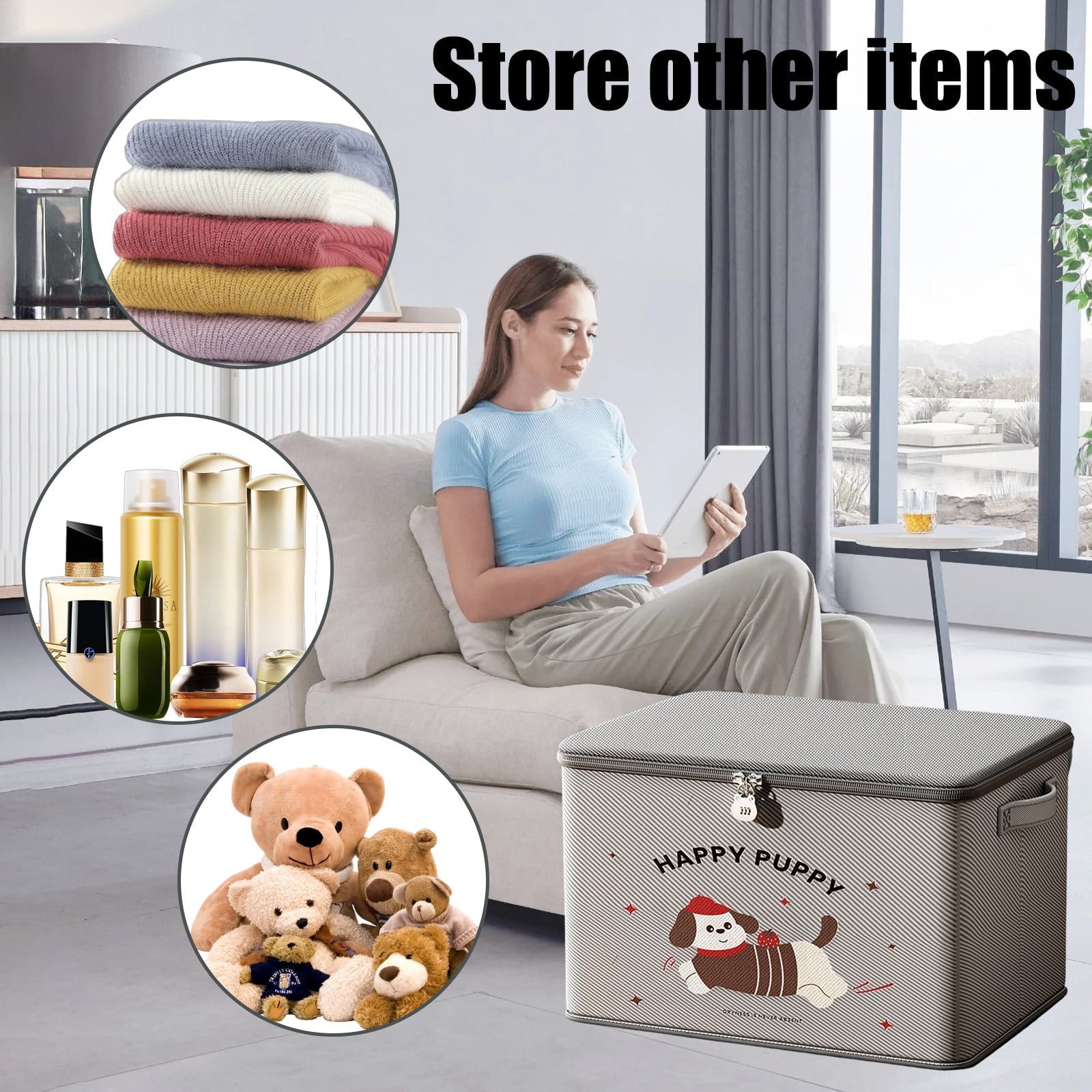 Lockable Dog Pattern Storage Bag with Combination Lock, 15x10 Inch Fabric Toy Organizer Bin for Clothes & Toys