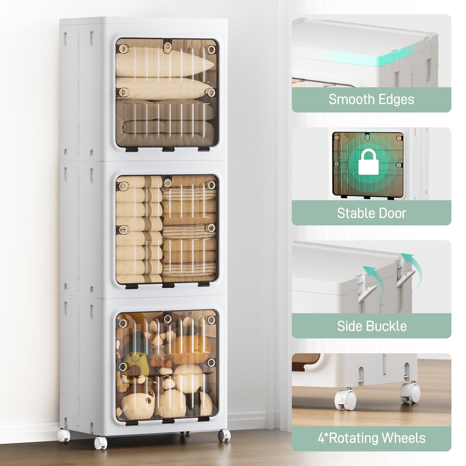 JEKO&JEKO Foldable Storage Bin with Doors and Wheels, 315Qt, 3-Tier