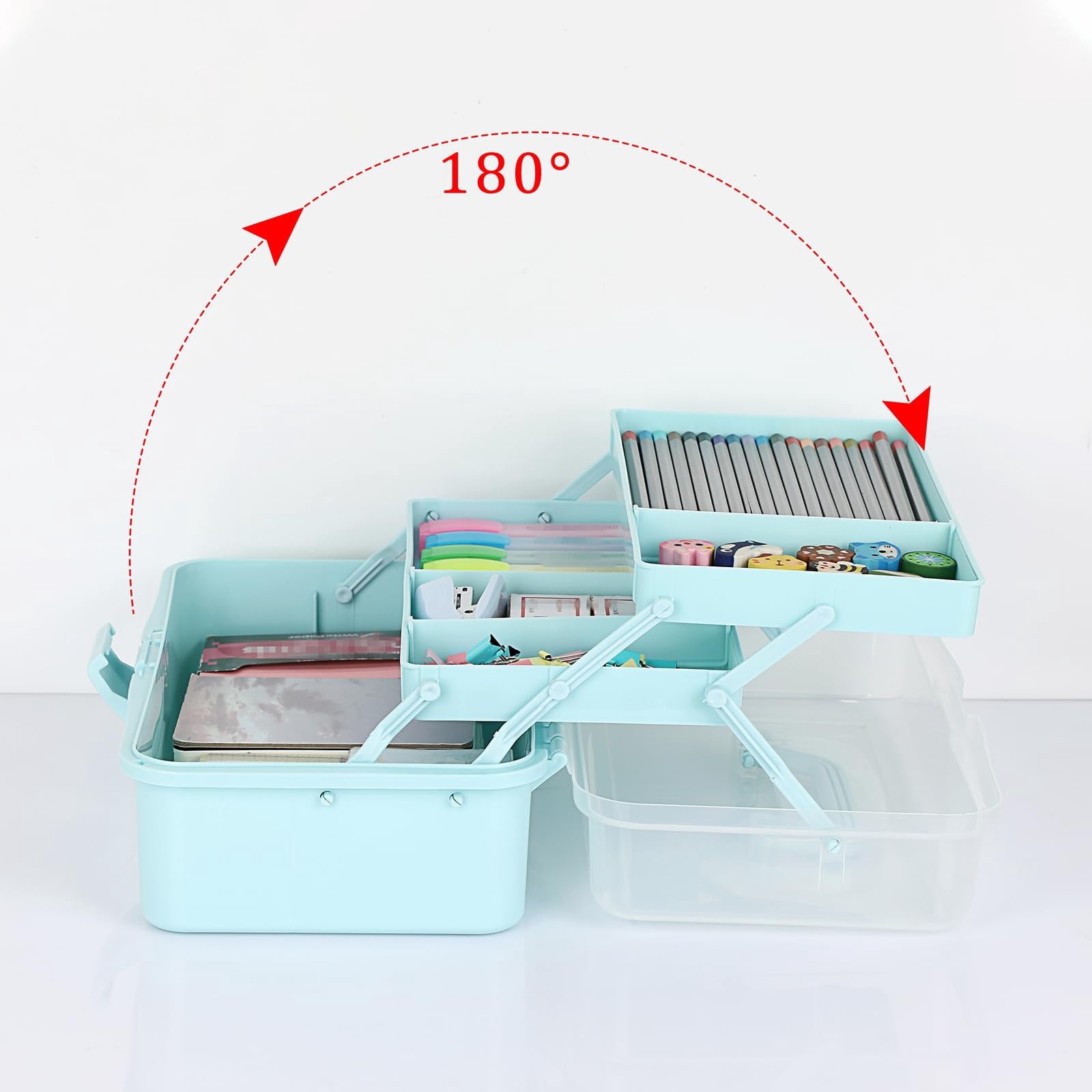 3-Layer Plastic Dividing Storage Box Craft Organizer and Storage with Adjustable Spacers Portable Handled Art Supply Organizer Multipurpose Home Utility Box for Medicine, Sewing(Blue)