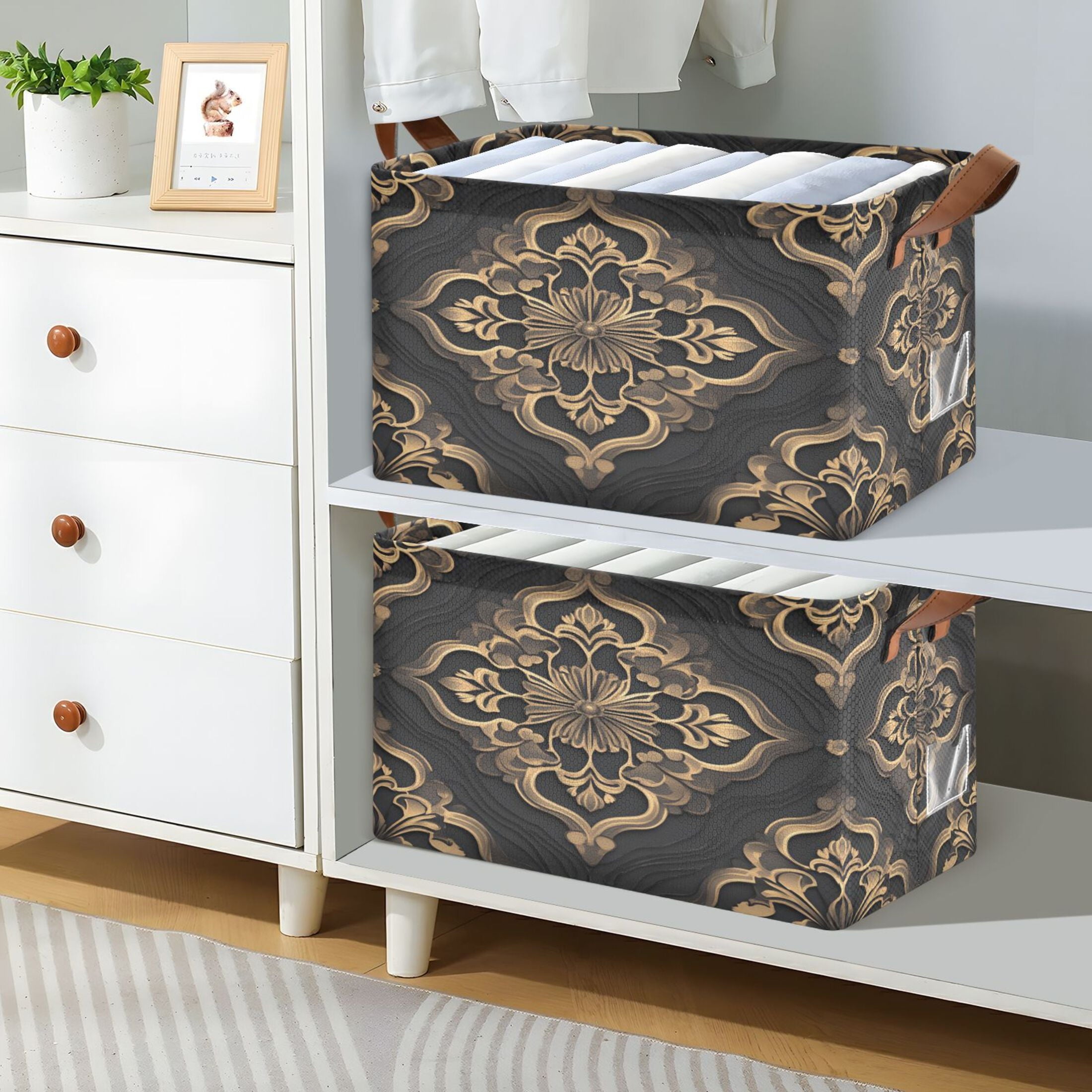 BZSMCE Collapsible Fabric Cube Storage Bins Bohemia Design Gold Flower Print Design Pattern Storage Box