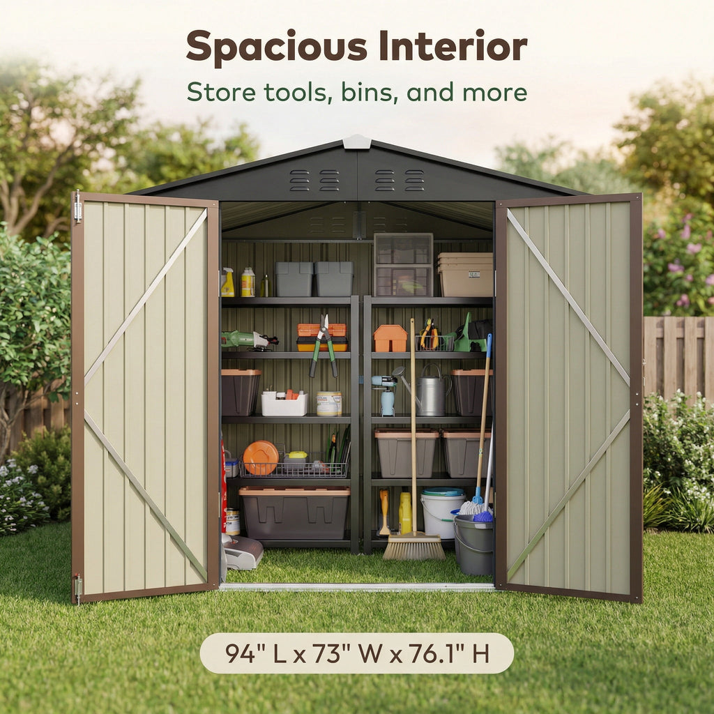 Lockable Lofka 8x6 FT Shed and Outdoor Storage Clearance - All-Weather Resistant Metal Shed, Brown