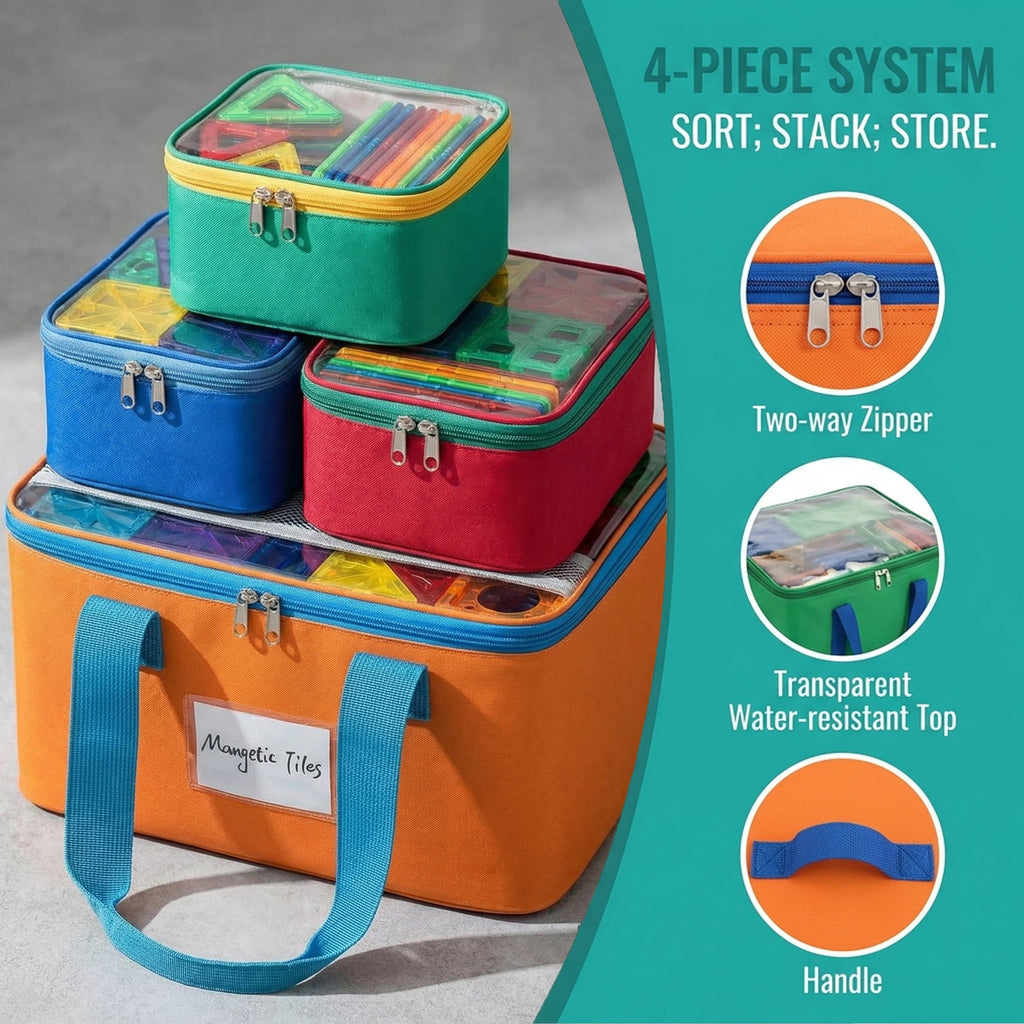HBK Magnetic Tile Storage Bags, 4 Pack Toy Organizer Totes for Building Blocks and Puzzles, Portable Travel Cases with Handles and Label Pockets