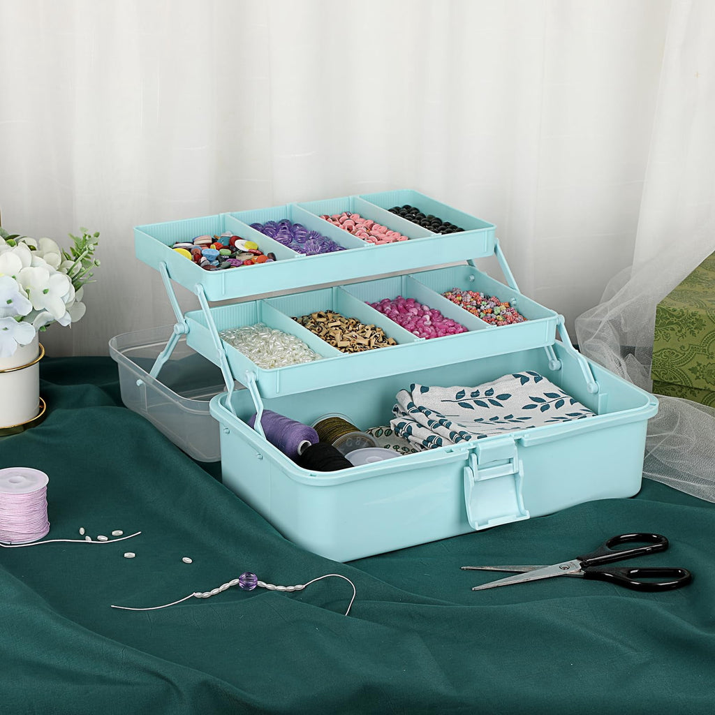 3-Layer Plastic Dividing Storage Box Craft Organizer and Storage with Adjustable Spacers Portable Handled Art Supply Organizer Multipurpose Home Utility Box for Medicine, Sewing(Blue)