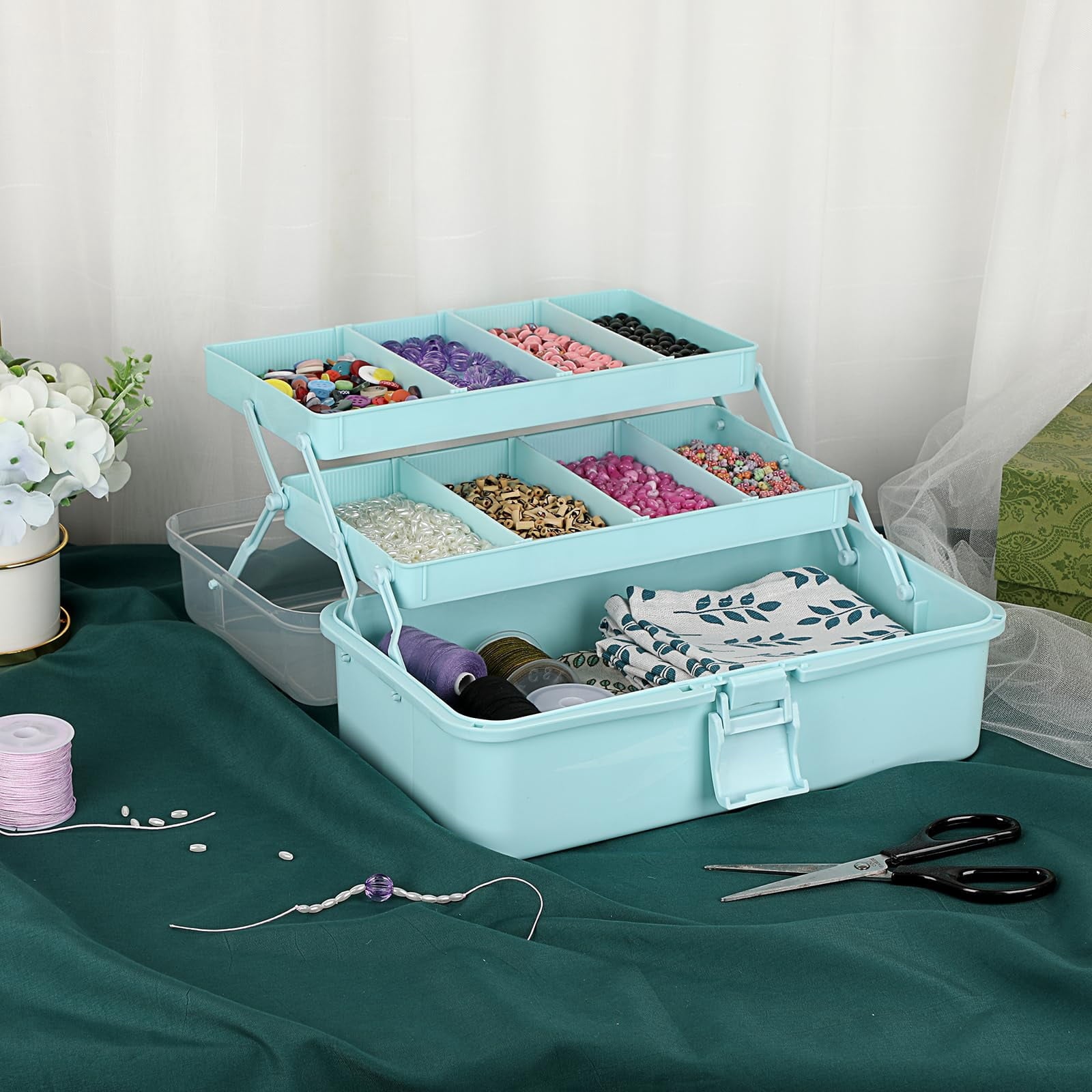 3-Layer Plastic Dividing Storage Box Craft Organizer and Storage with Adjustable Spacers Portable Handled Art Supply Organizer Multipurpose Home Utility Box for Medicine, Sewing(Blue)
