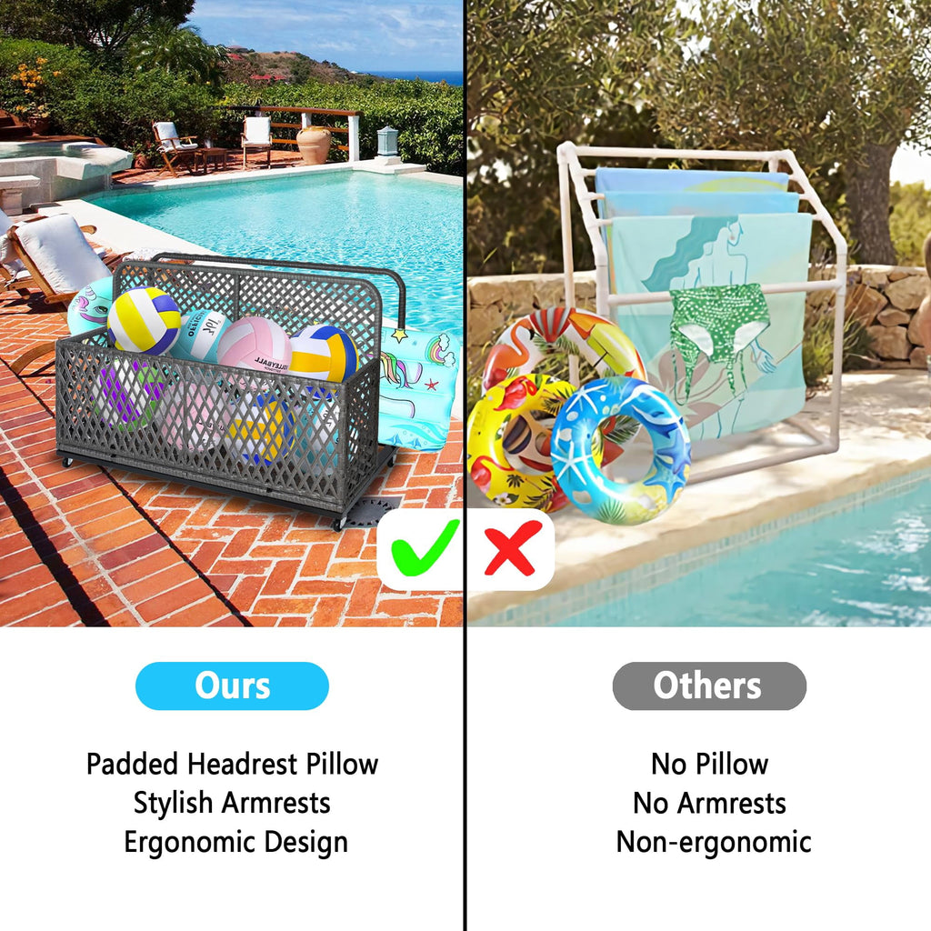 Ataucjin Poolside Float Storage, Outdoor Storage, Patio Basket, Storage Box, PE Rattan Outdoor Pool Caddy with Rolling Wheels for Floaties, Patio, Pool, Beach-Sturdy & Movable, Diamond Gray