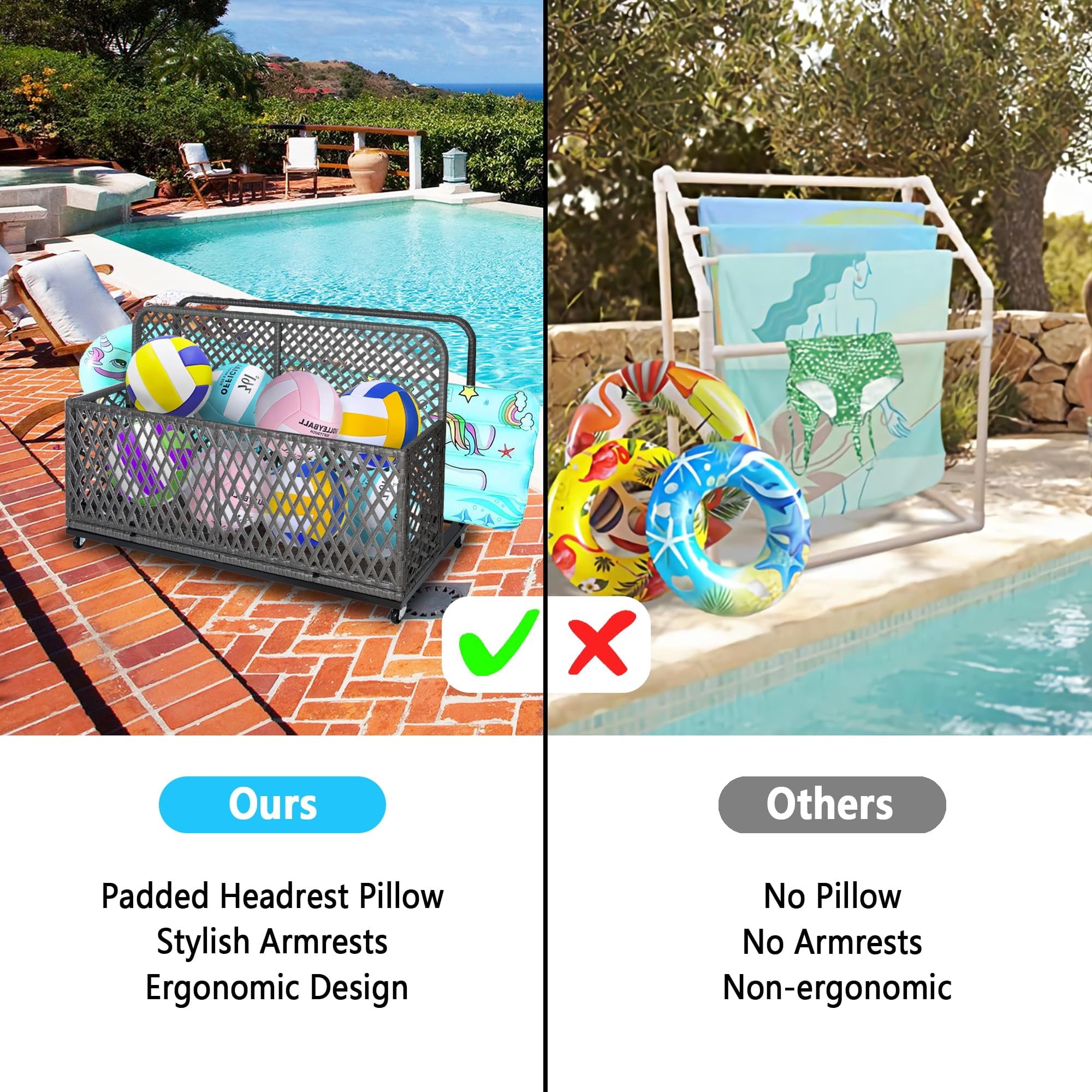 Ataucjin Poolside Float Storage, Outdoor Storage, Patio Basket, Storage Box, PE Rattan Outdoor Pool Caddy with Rolling Wheels for Floaties, Patio, Pool, Beach-Sturdy & Movable, Diamond Gray