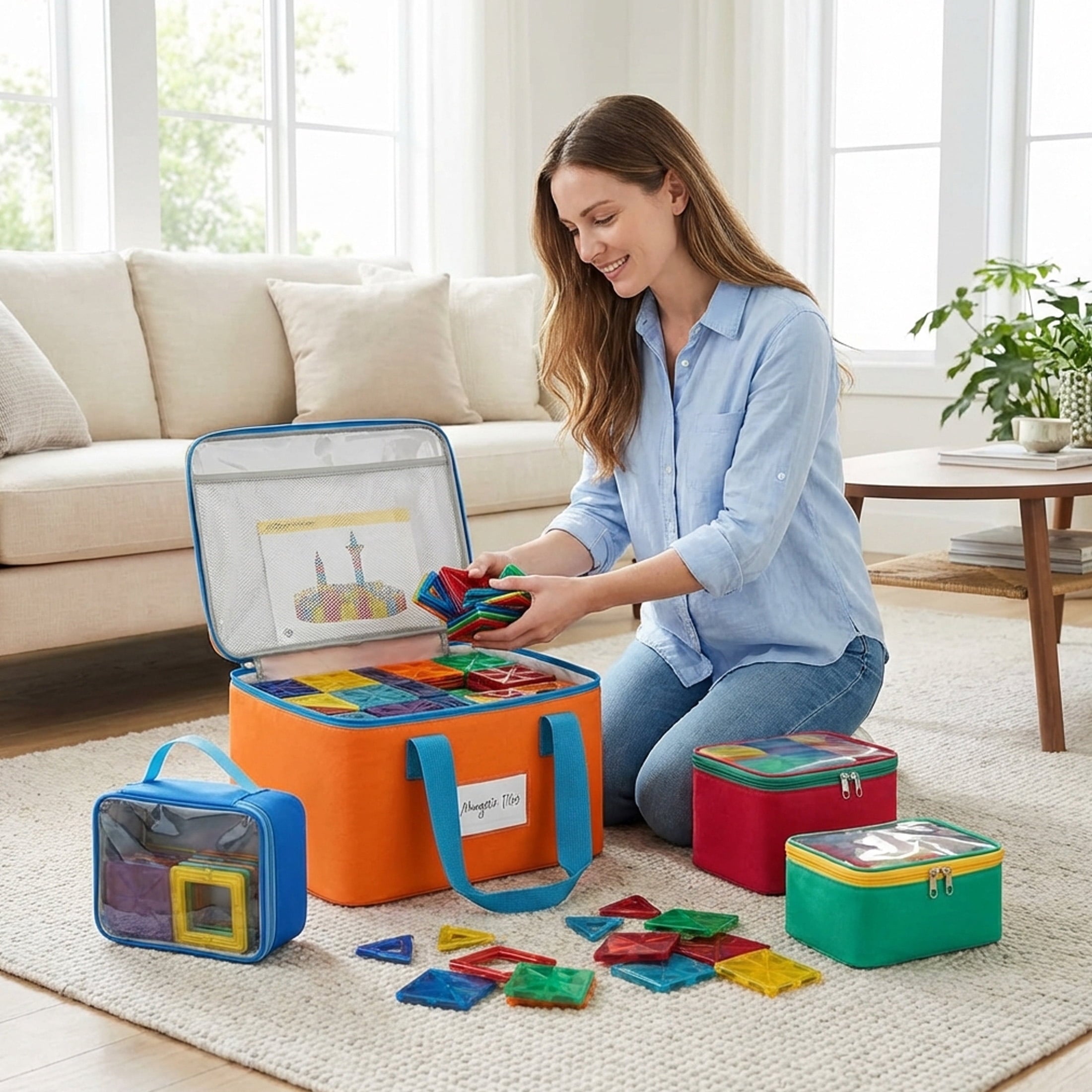 HBK Magnetic Tile Storage Bags, 4 Pack Toy Organizer Totes for Building Blocks and Puzzles, Portable Travel Cases with Handles and Label Pockets