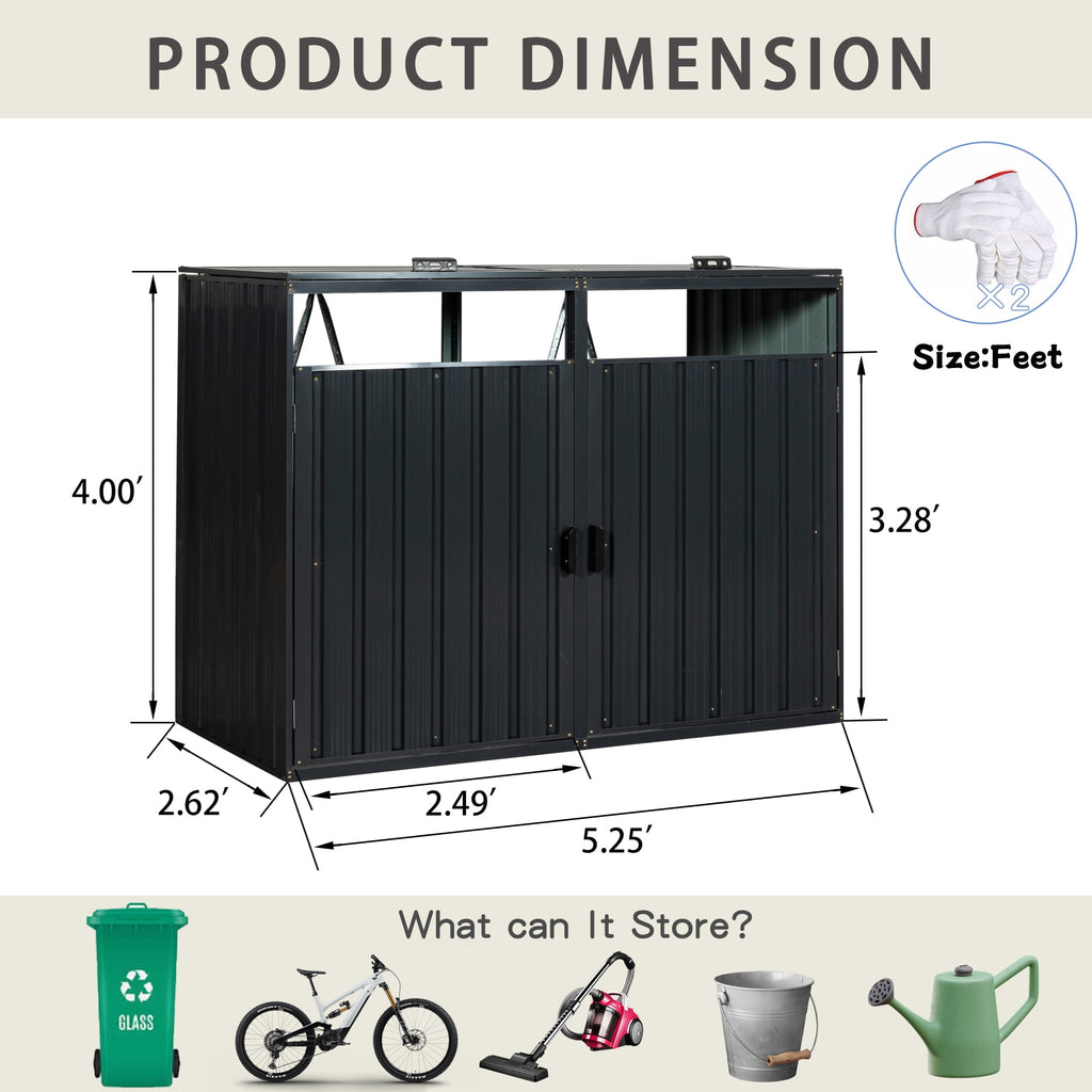 JXXRZ Metal Garbage Bin Shed for 2 Trash Cans with Lockable Doors and Lids,Galvanized Steel Garbage Bin Storage Shed for Garden Yard Lawn, Black