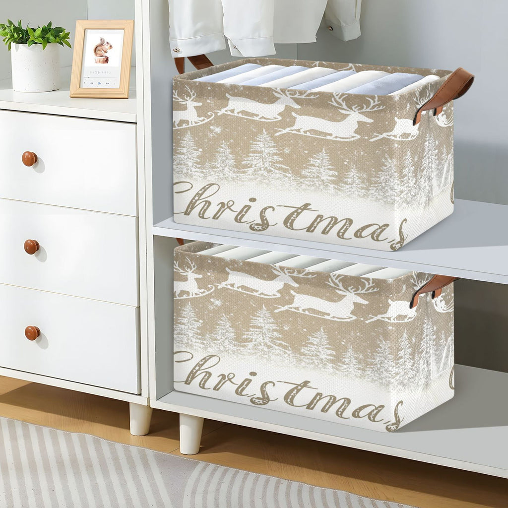 BZSMCE Collapsible Fabric Cube Storage Bins White Snowflakes Reindeer Print Design Pattern Storage Box