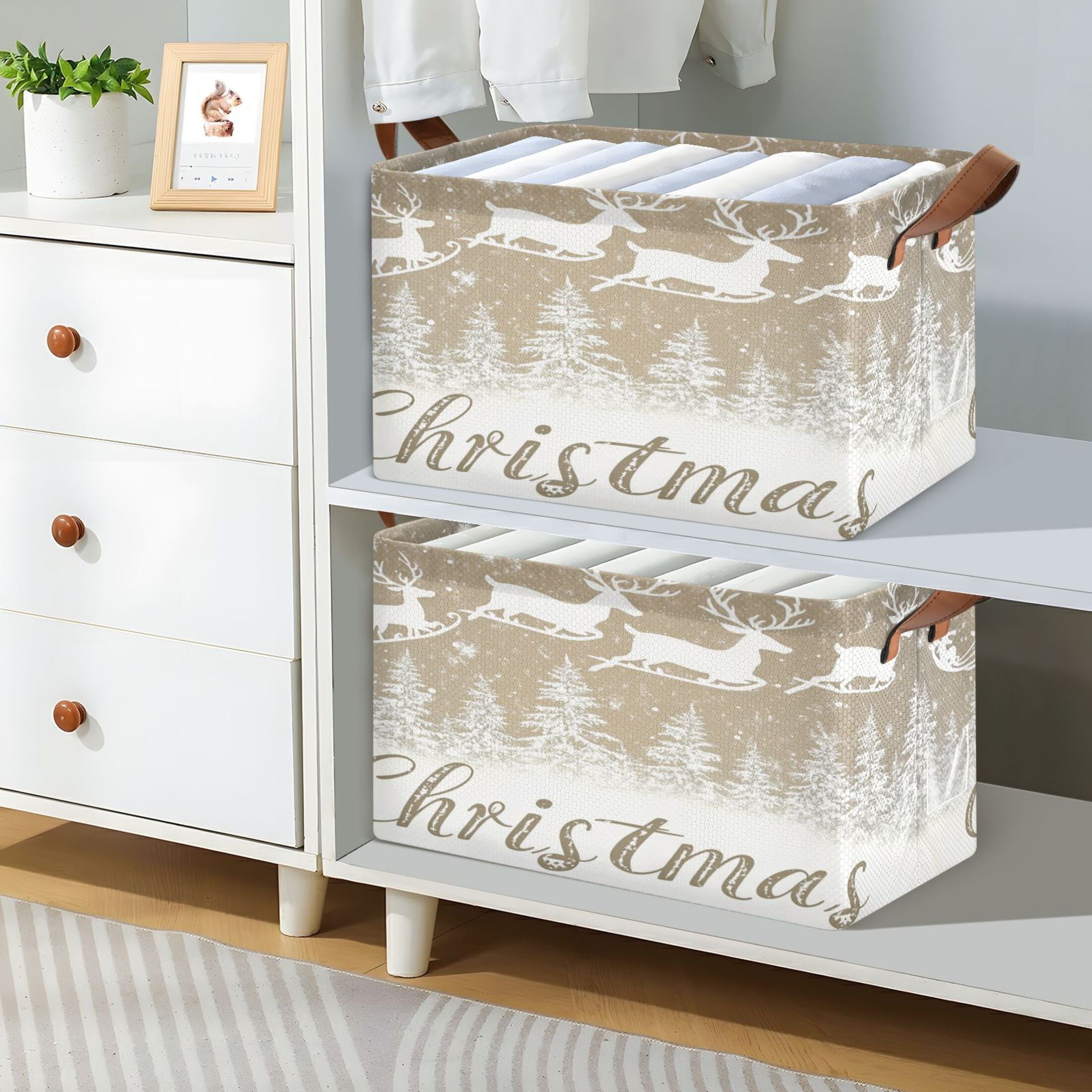 BZSMCE Collapsible Fabric Cube Storage Bins White Snowflakes Reindeer Print Design Pattern Storage Box