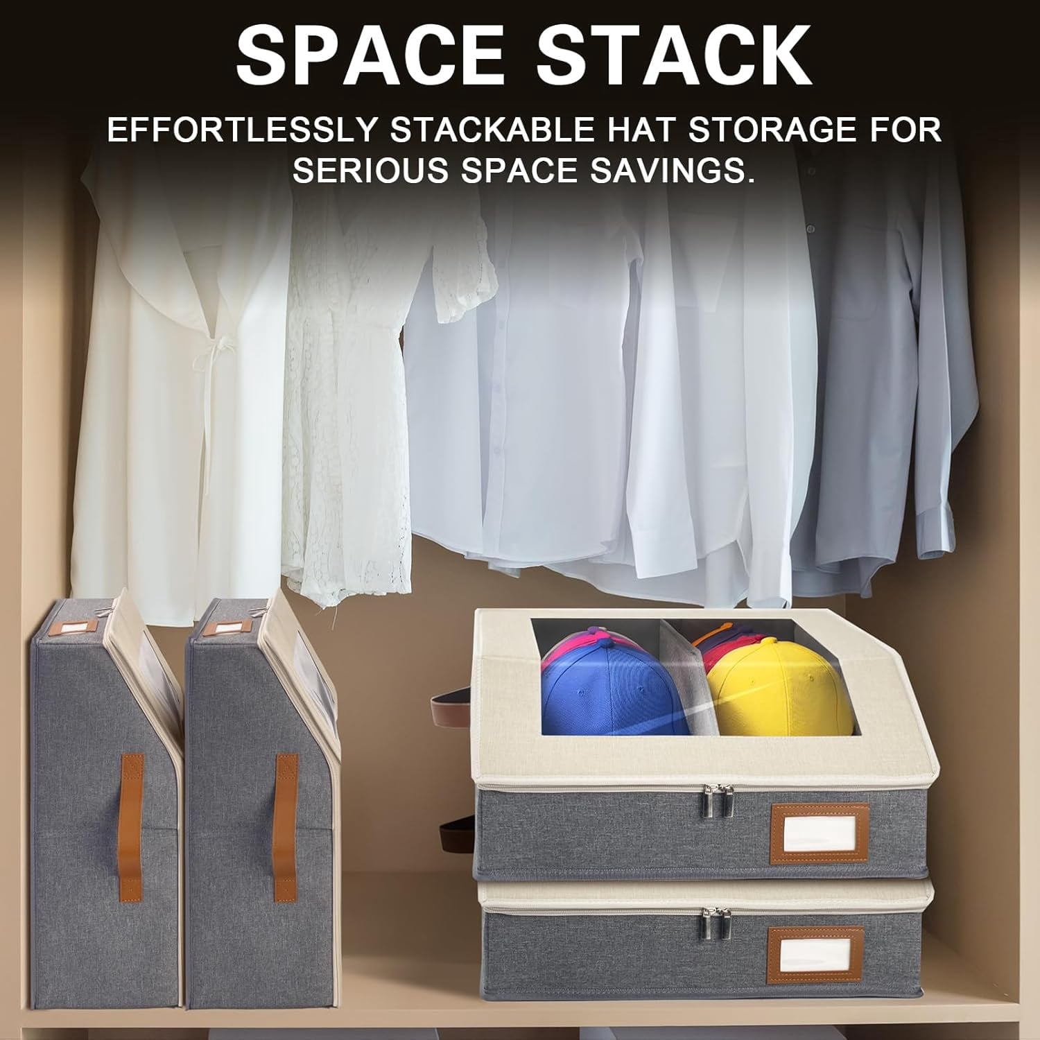 2-in-1 Hat Organizer for Baseball Caps Holds 24-30 Caps Hat Storage with Adjustable Divider Stackable Hats Holder for Closet with Clear lid Cowboy Hat Box for Men Women 1 PCS Beige and Grey