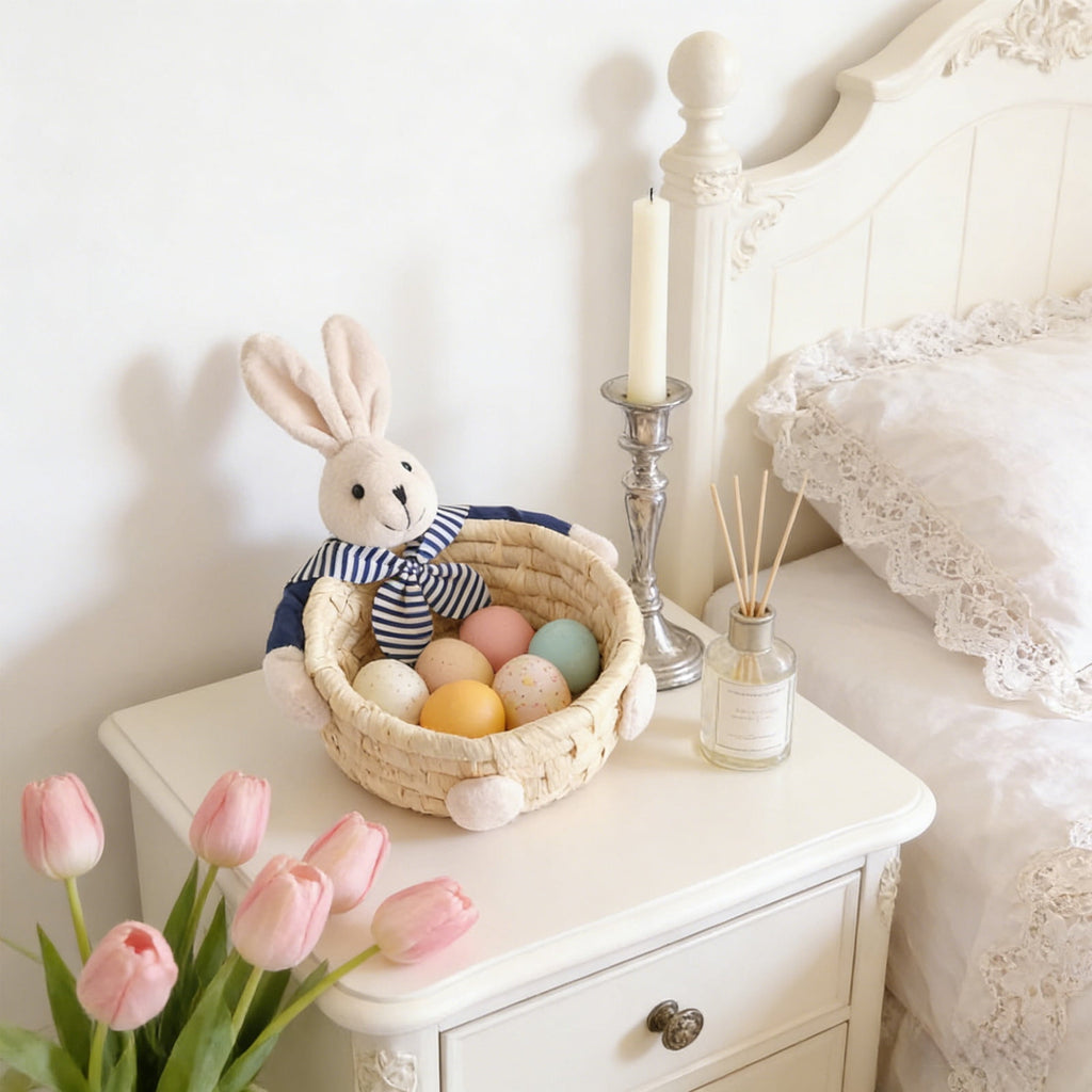 White Plastic Woven Storage Basket, Small Farmhouse Decorative Tabletop Organizer for Bathroom, Office, Easter Decor, Handled Mini Bin