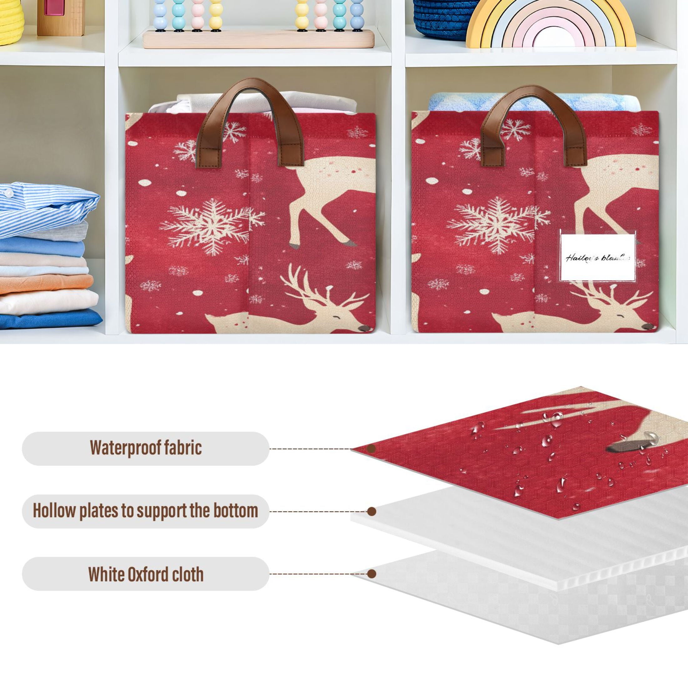 BZSMCE Collapsible Fabric Cube Storage Bins Gold Reindeer and Snowflake Adorable Snowman Design Pattern Storage Box