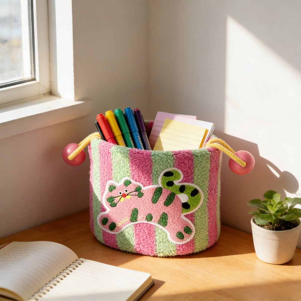 Cute Pink and Green Fabric Storage Basket, 8-Inch Cube Decorative Bin with Handles for Toys, Snacks, Desktop & Entryway Organization