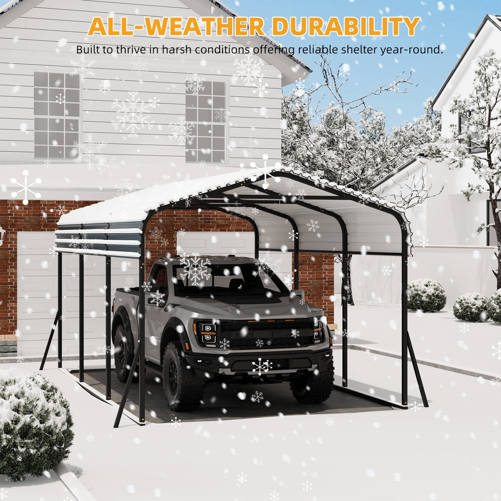 Ataucjin 10X15 FT Heavy Duty Metal Carport with Galvanized Steel Roof, Steel Carport Kits Outdoor with Metal Roof, Galvanized Car Shelter for Tractors, Pickup, Boat, Car(ship in 3 boxes)