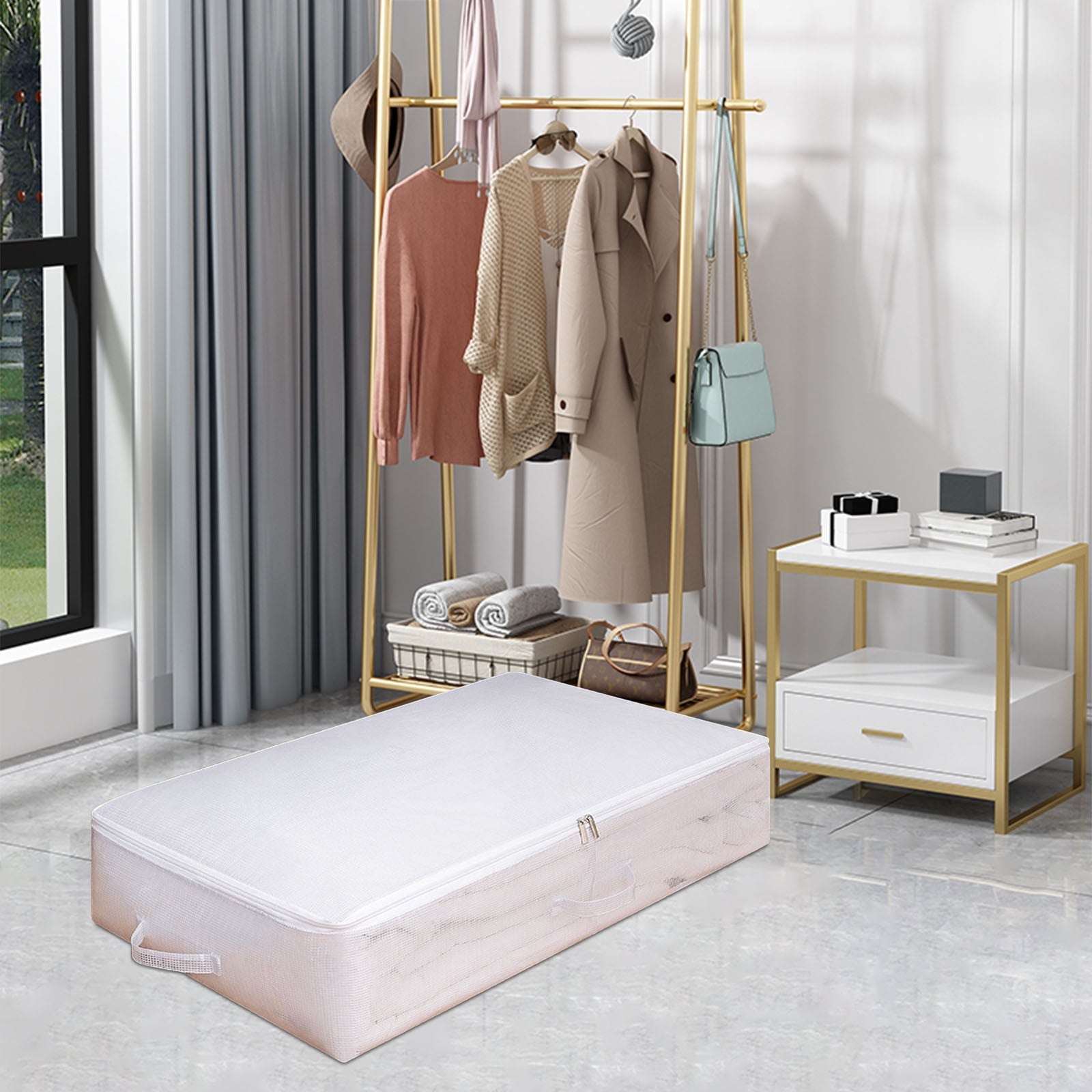 A Underbed Storage Box Transparent Organizer With Foldable Design, Pvc Material And Large Capacity, For Clothing, Toys And Blankets 19.69X15.75X5.91In