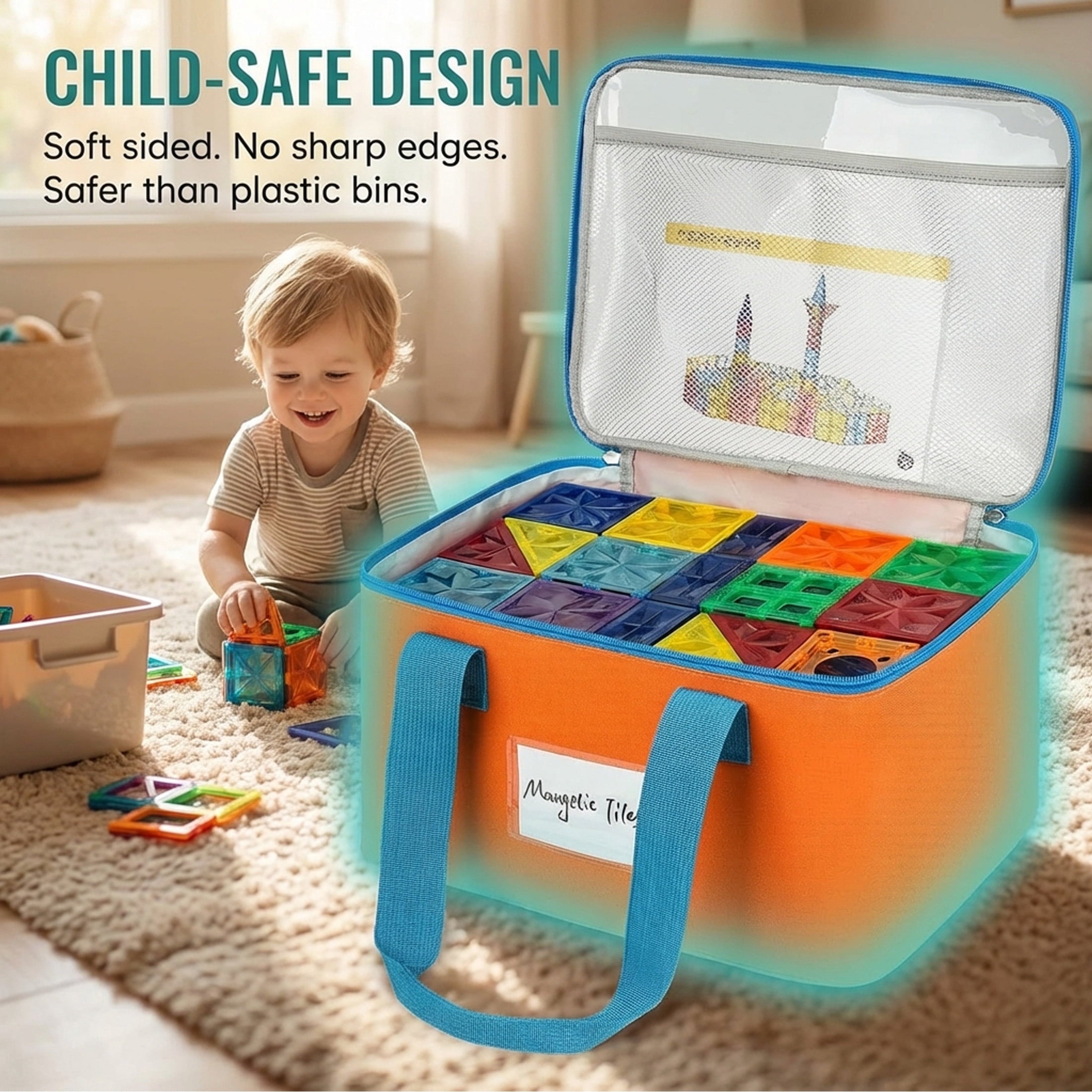 HBK Magnetic Tile Storage Bags, 4 Pack Toy Organizer Totes for Building Blocks and Puzzles, Portable Travel Cases with Handles and Label Pockets