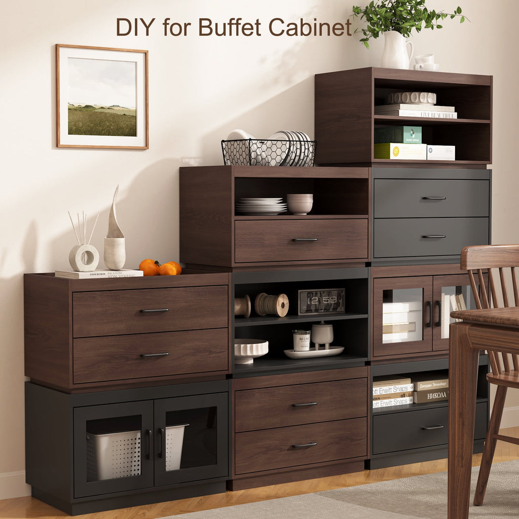 Stackable Storage Drawers,28" Wide Storage Bins w/ Drawers and Compartment for Closet Organizers, Wood Stackable Closet Organizer Modern Large Stackable Storage Units for Living Room Hallway, Black