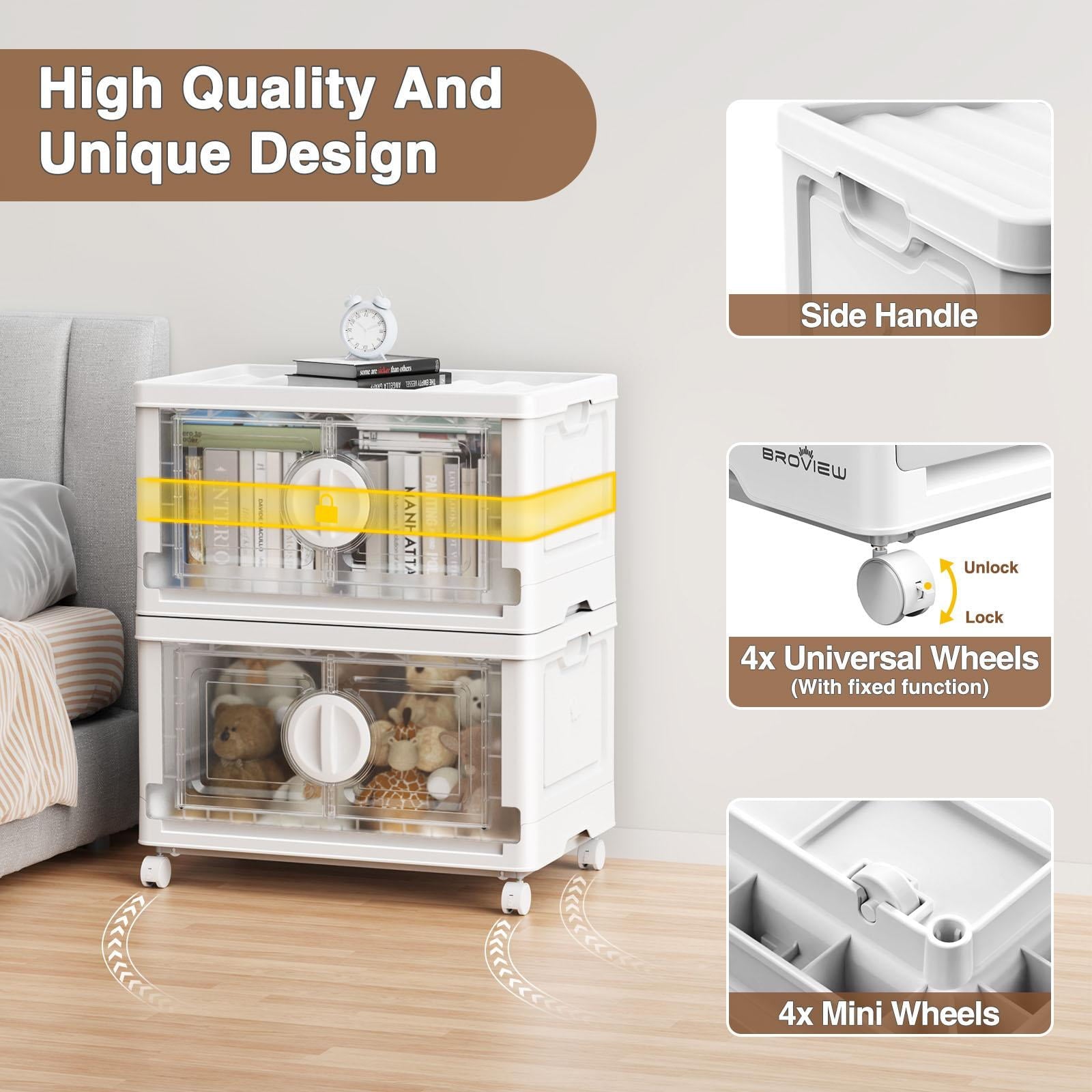 BROVIEW V9 30Gal Stackable Storage Bins, Plastic Collapsible Storage Bins with Lids and Wheels, Clothes Organizers and Storage Drawer, Folding Cabinets with Doors for Home, 1PCS White