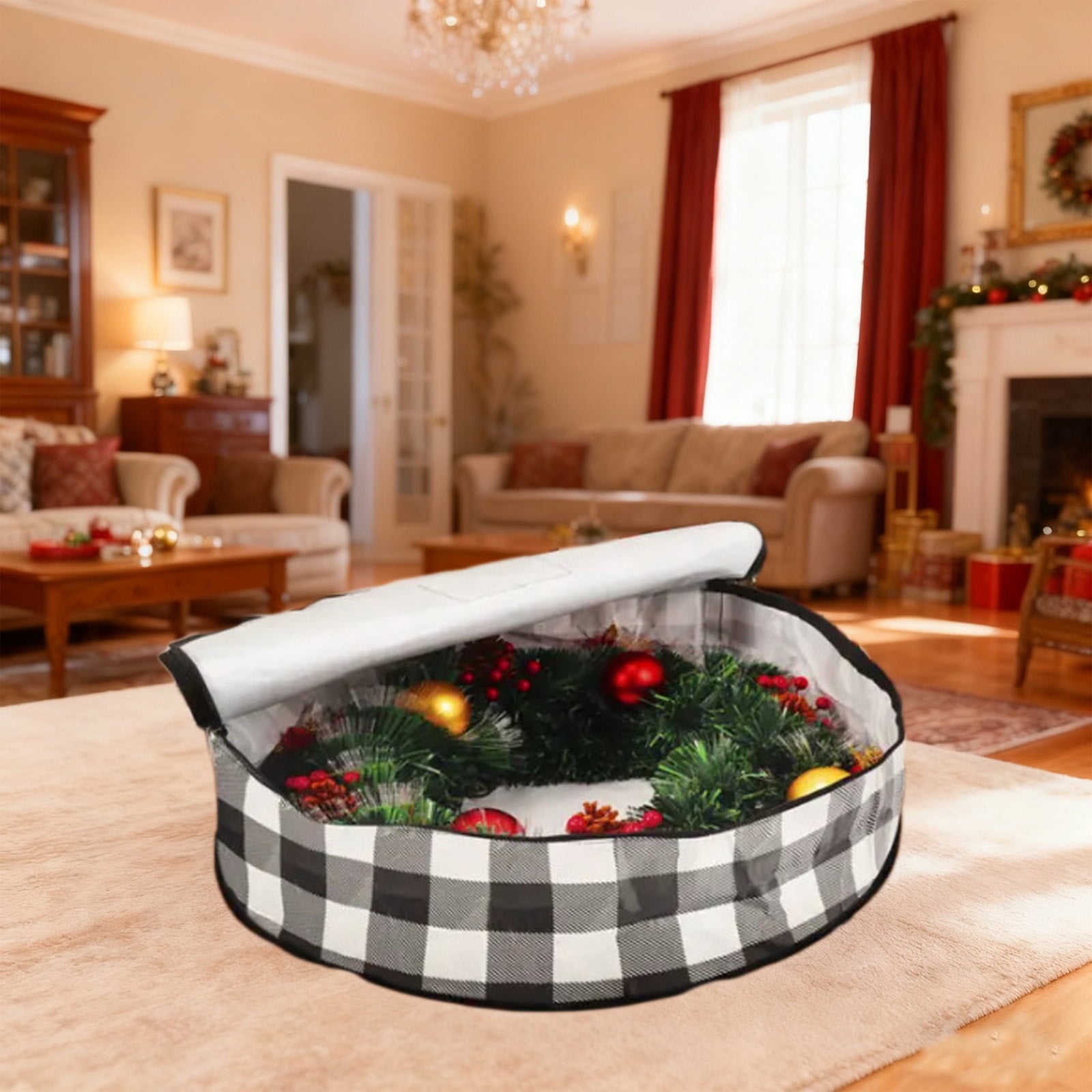 White Wreath Storage Bag, 24 Inches Round Plastic Organizer With Handle, For Holiday Decor Protection And Storage, 24X7.9 In, 0.38 Lb