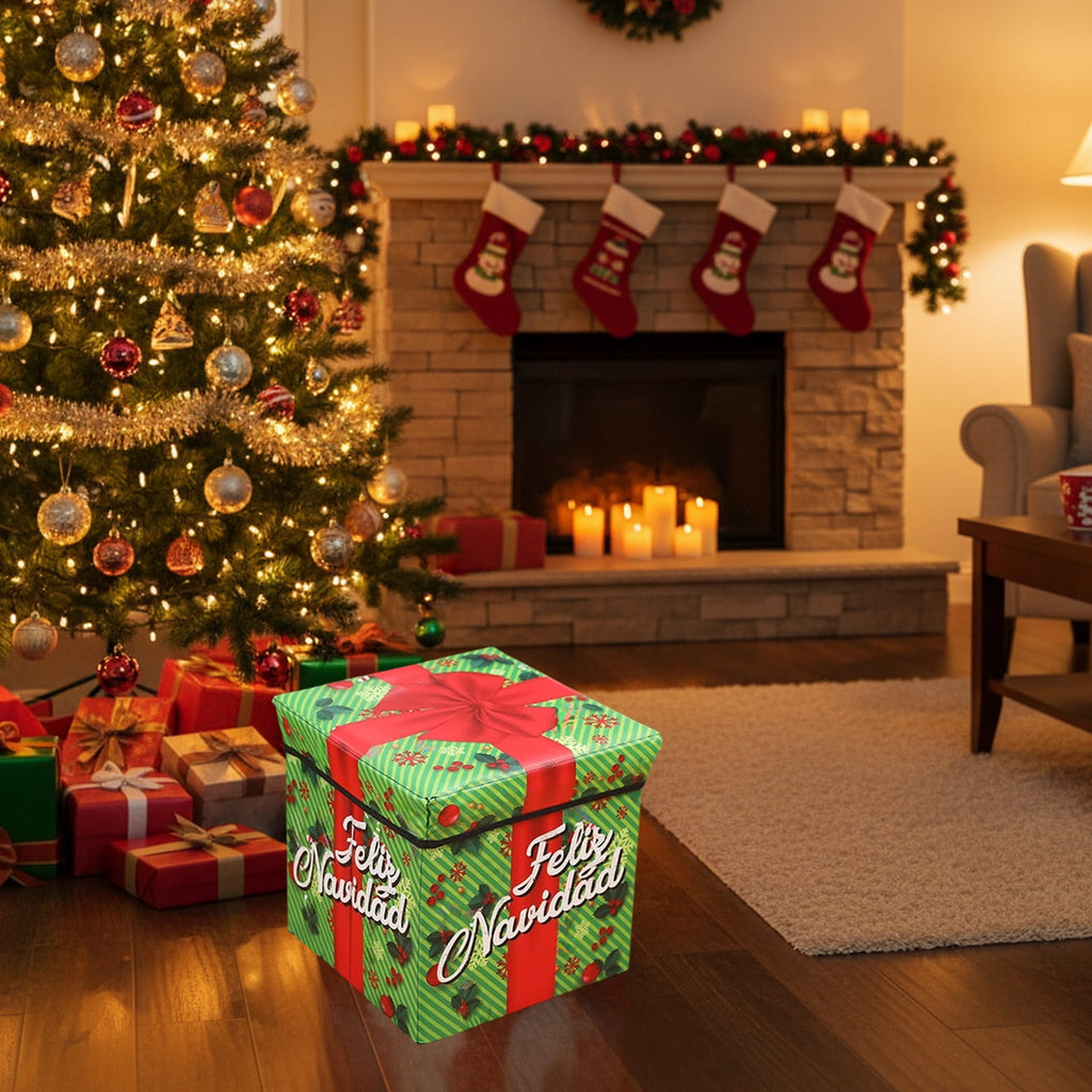 Christmas Storage Stool - Foldable Non-Woven Multi-Purpose Seat, Ki-ds Toy & Holiday Decor Storage Box, Space-Saving Easy-to-Clean Christmas Gift for Home Under Tree