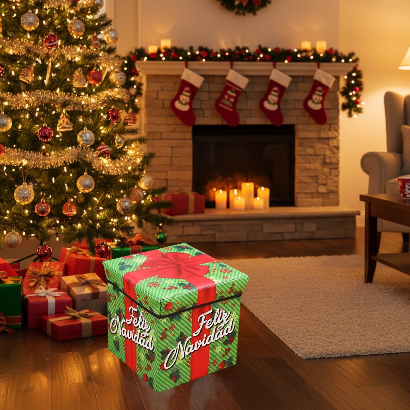 Christmas Storage Stool - Foldable Non-Woven Multi-Purpose Seat, Ki-ds Toy & Holiday Decor Storage Box, Space-Saving Easy-to-Clean Christmas Gift for Home Under Tree