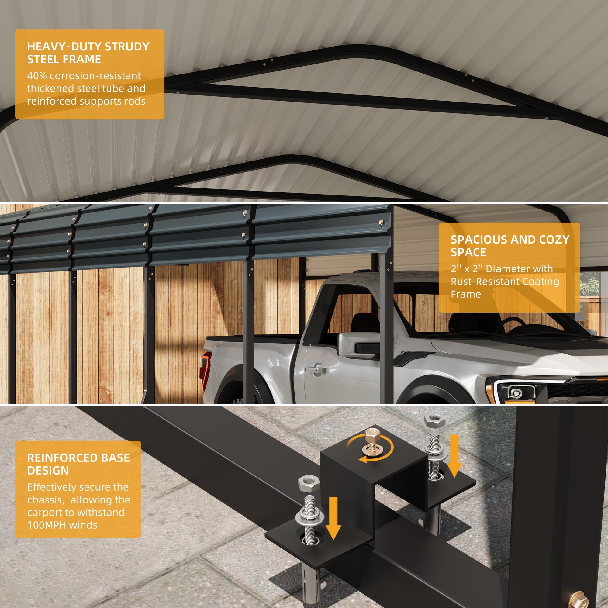 Ataucjin 10X15 FT Heavy Duty Metal Carport with Galvanized Steel Roof, Steel Carport Kits Outdoor with Metal Roof, Galvanized Car Shelter for Tractors, Pickup, Boat, Car(ship in 3 boxes)