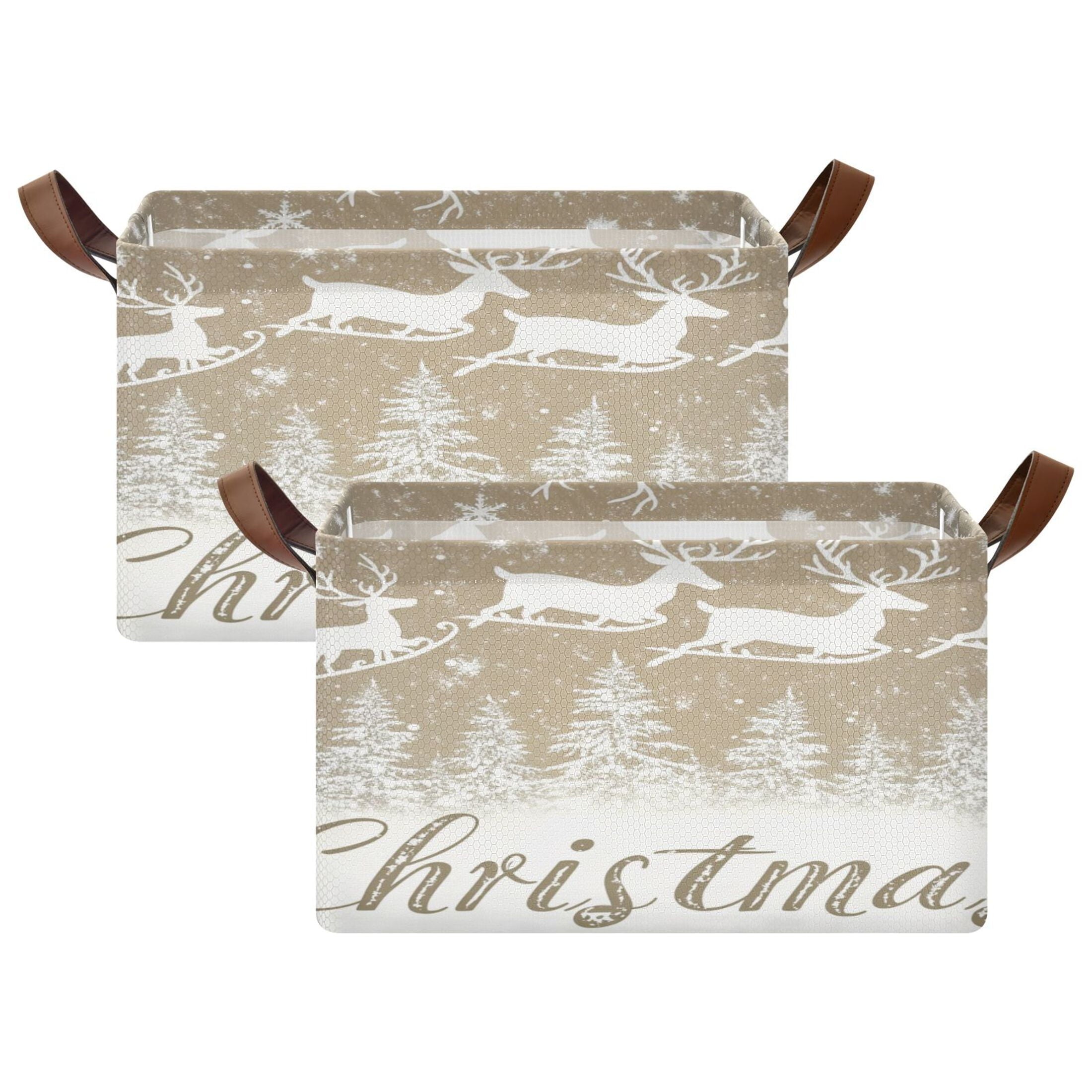 BZSMCE Collapsible Fabric Cube Storage Bins White Snowflakes Reindeer Print Design Pattern Storage Box