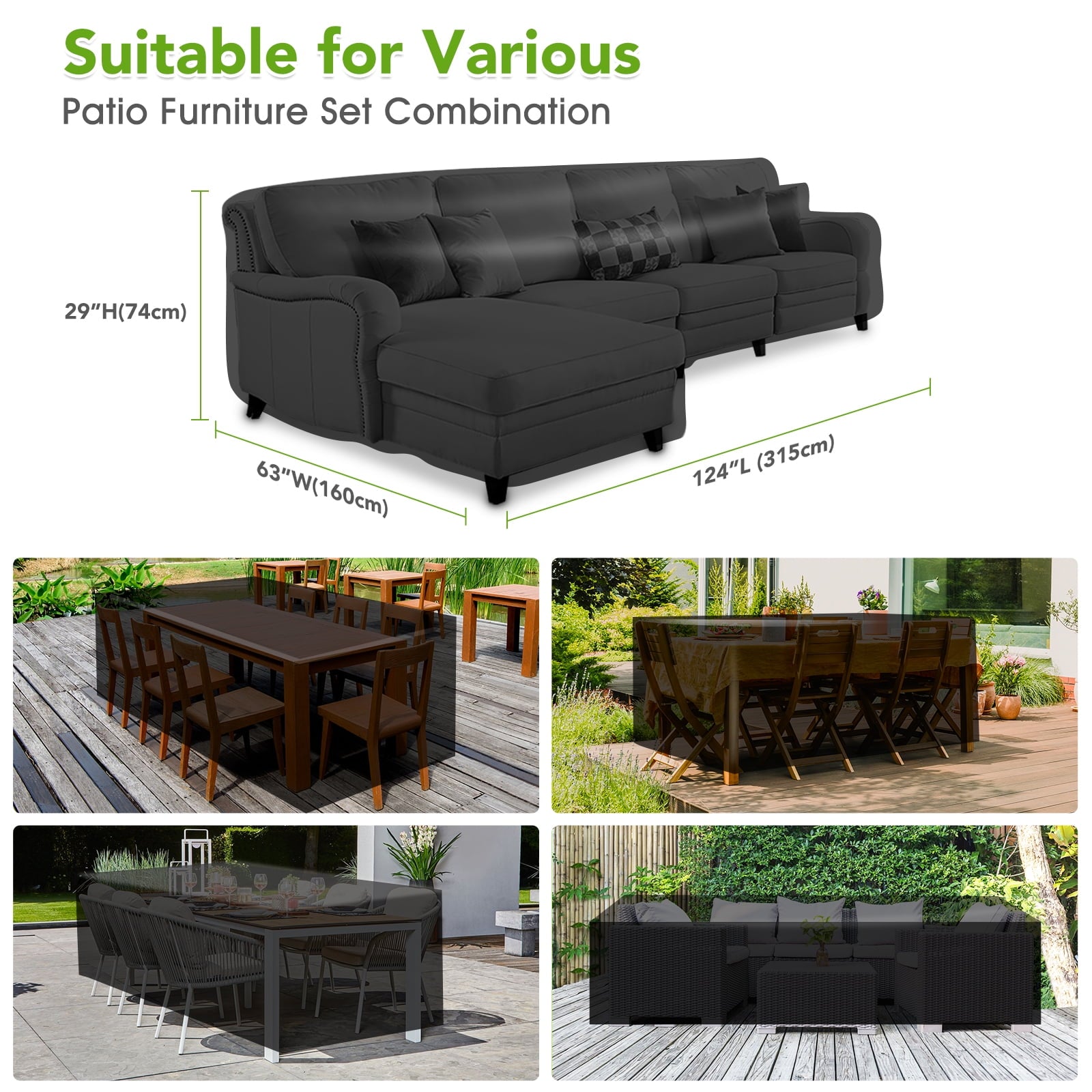 GARPROVM 124" x 63" x 29" Black Patio Furniture Set Cover, Waterproof