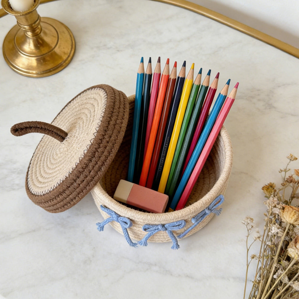 Cake Shaped Storage Basket with Lid, Cotton Rope Toy Organizer & Decorative Bin for Ki-ds Room, Small Items Storage, Khaki