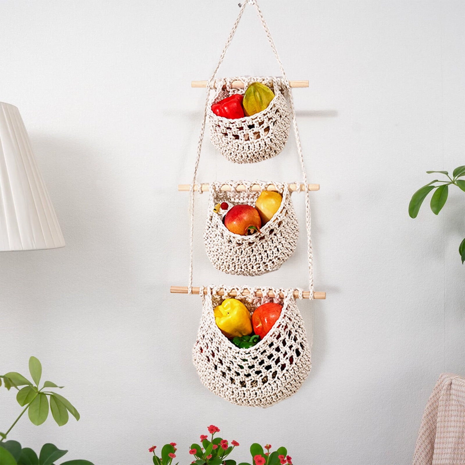 Litrail 3TierHangingBasketJute-HandwovenKitchenFruitVegetableStorage,BohemianRusticEco-FriendlyBasketforHomeBathroomLivingRoomSpace-Saving