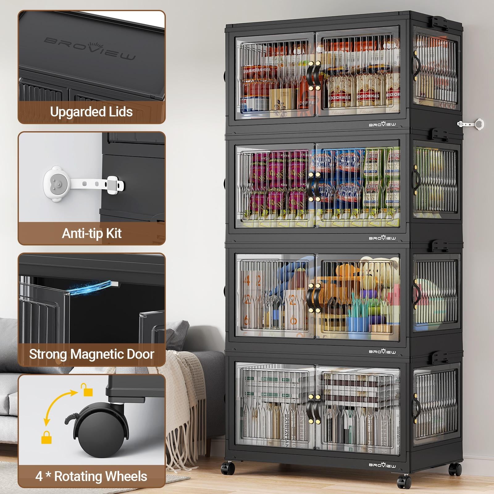 BROVIEW 360QT Large Stackable Storage Bins with Lids and Wheels, Plastic Closet Organizer and Storage Drawer, Collapsible Storage Cabinet with Doors for Home Kitchen, 3Pack Black