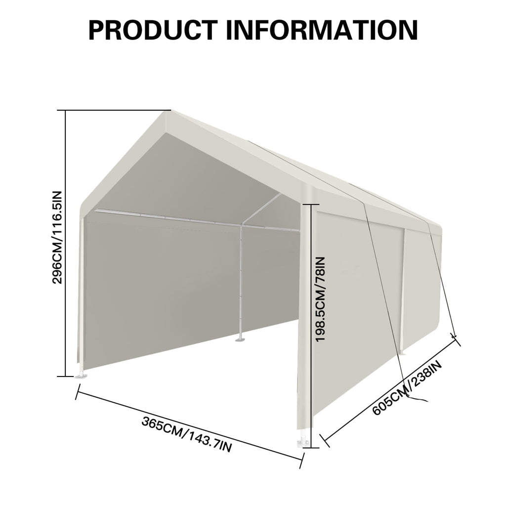 JXXRZ 12'x20' Heavy Duty Car Tent, Portable Carport Garage, All-Season Waterproof Tarp for Outdoor Storage Shelter, Party, Birthday, White