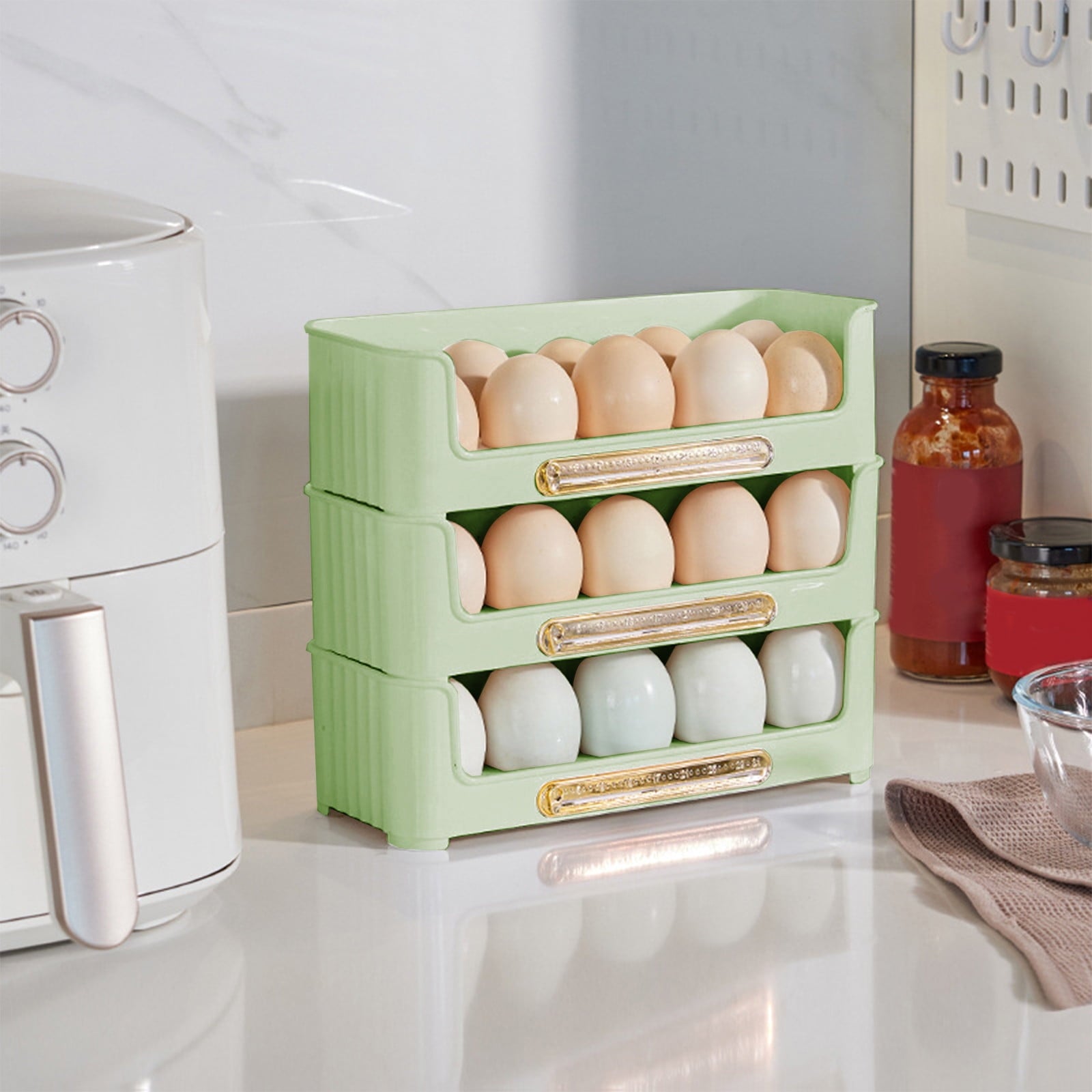 Stackable Refrigerator Egg Holder with Date Tracker, 10 Egg Container Organizer for Fridge Door, Space-Saving Kitchen Storage Box