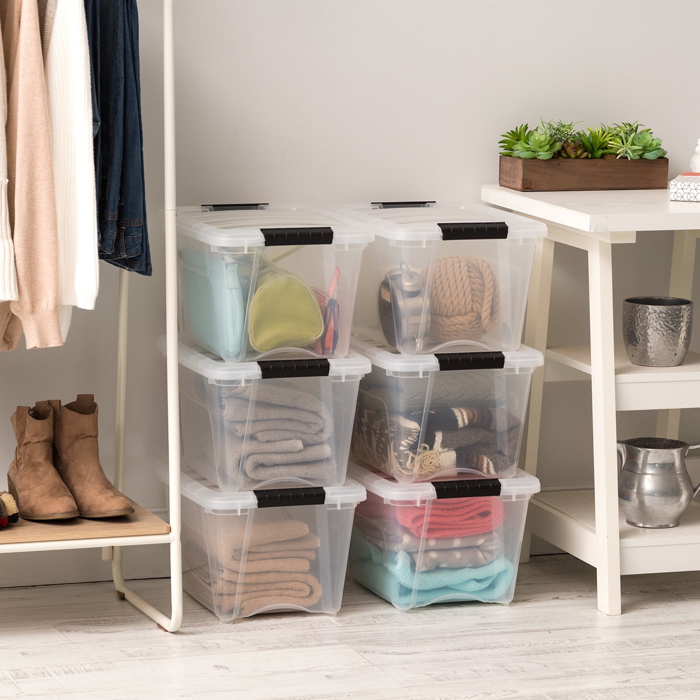 IRIS USA 19 Qt Stackable Plastic Storage Bins with Lids, 4 Pack - BPA-Free,  - See-Through Organizing Solution, Latches, Durable Nestable Containers, Secure Pull Handle - Clear