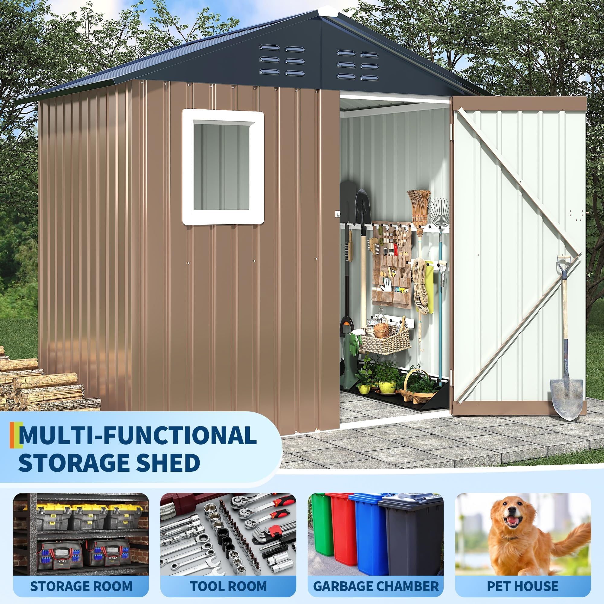Ataujin 6x4 FT Outdoor Metal Storage Shed with Window, Outdoor Utility Shed with Lockable Door & Air Vent, Large Garden Tool Shed for Backyard, Patio, Lawn