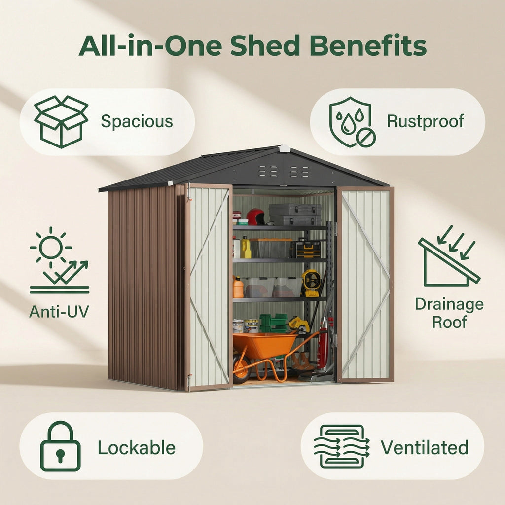 Lockable Lofka 8x6 FT Shed and Outdoor Storage Clearance - All-Weather Resistant Metal Shed, Brown