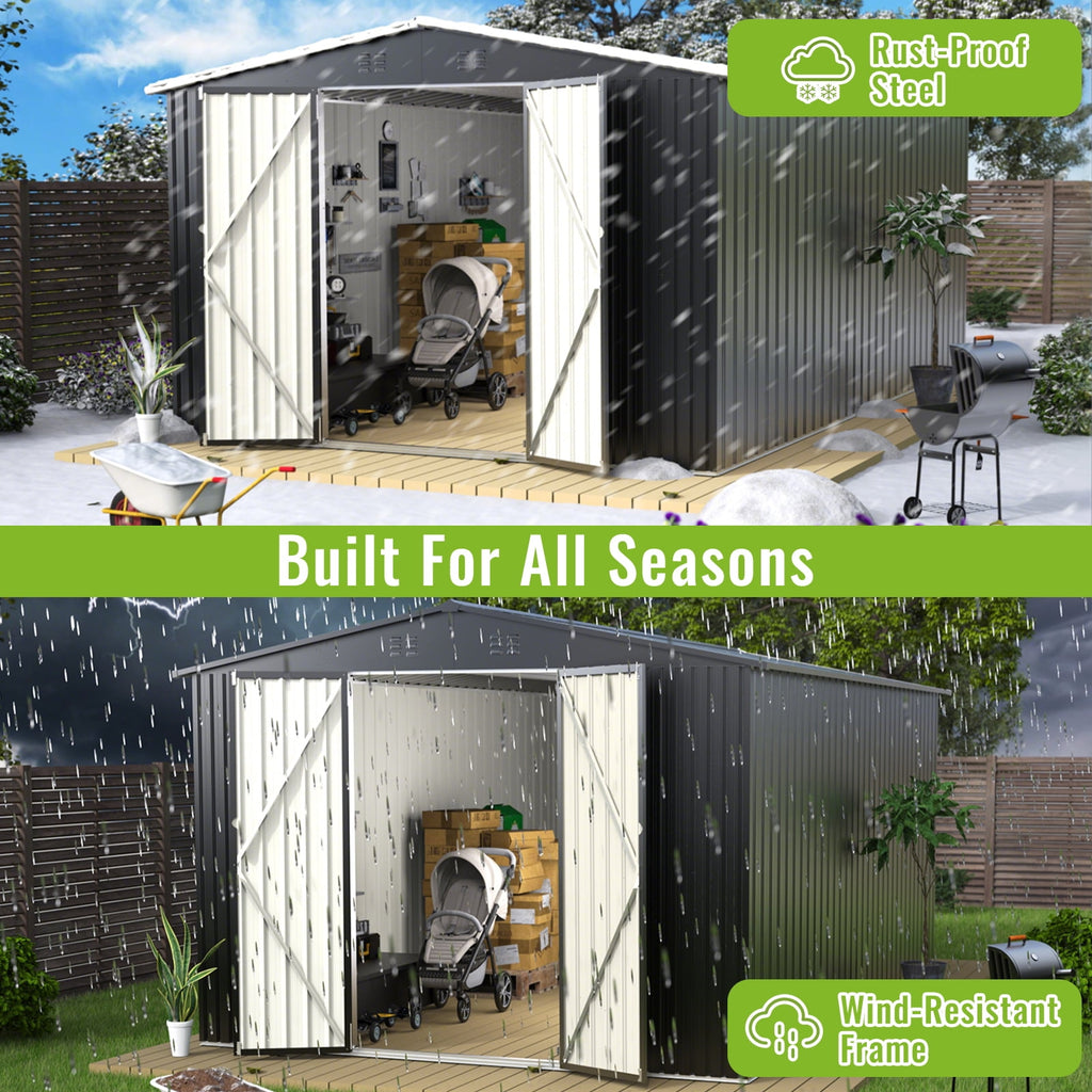 PABIMIA 10FT x 14FT Metal Outdoor Storage Shed with Lockable Doors, Black