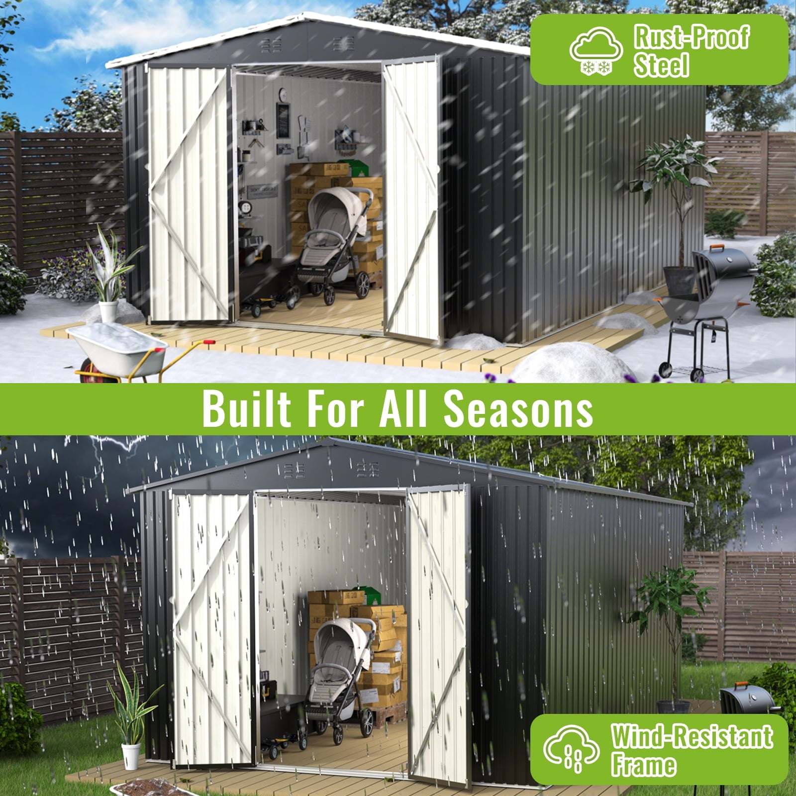 PABIMIA 10FT x 14FT Metal Outdoor Storage Shed with Lockable Doors, Black