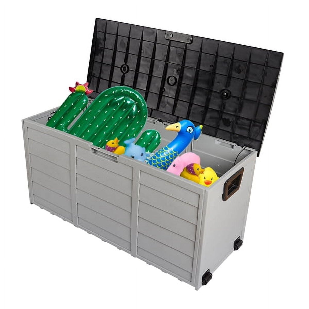 75 Gallon Resin Deck Box, SINWE Storage Chest on Wheels, Backyard Waterproof Storage Cabinet for Patio Furniture Cushions, Garden Tools, Kids' Toys, Black