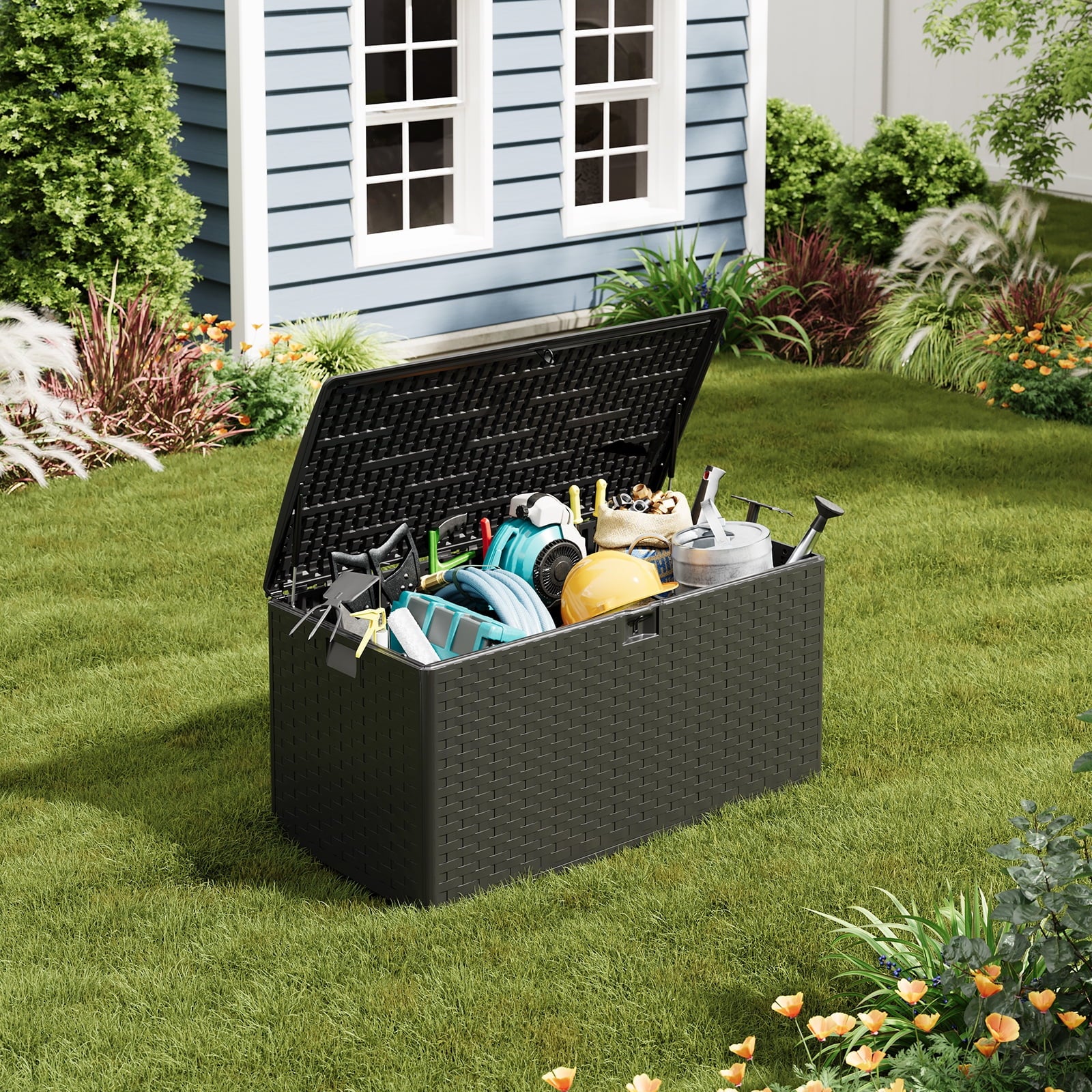Ataucjin 99 Gal Deck Box, 99 gal Resin Deck Box, Weather-Resistant Outdoor Storage Box with Lid, Lockable Storage Bin with Built-in Handle for Patio Furniture, Pool Accessories, Gardening Tool