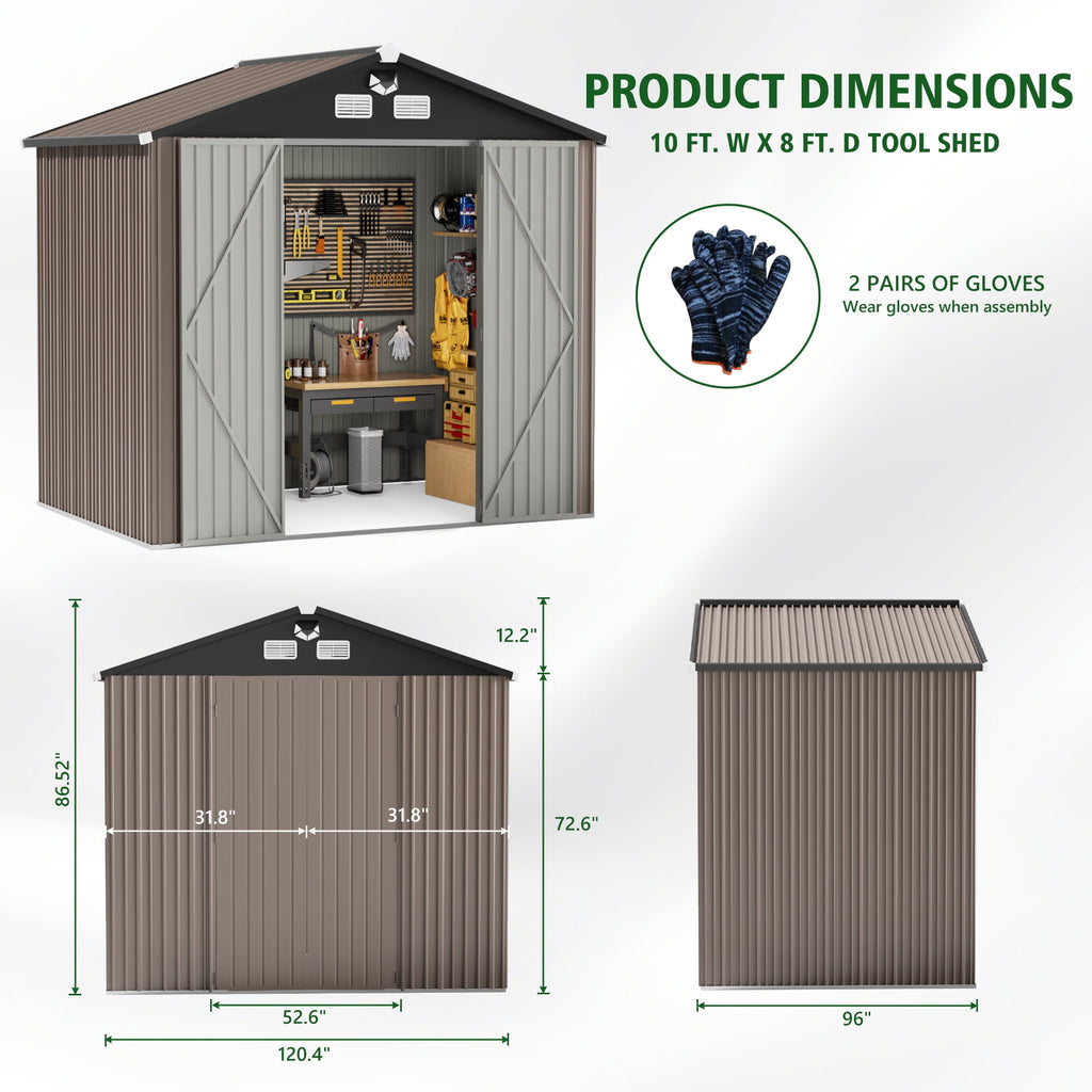 10 ft. W x 8 ft. D Outdoor Metal Tool Storage Shed with Led Light & Air Vents