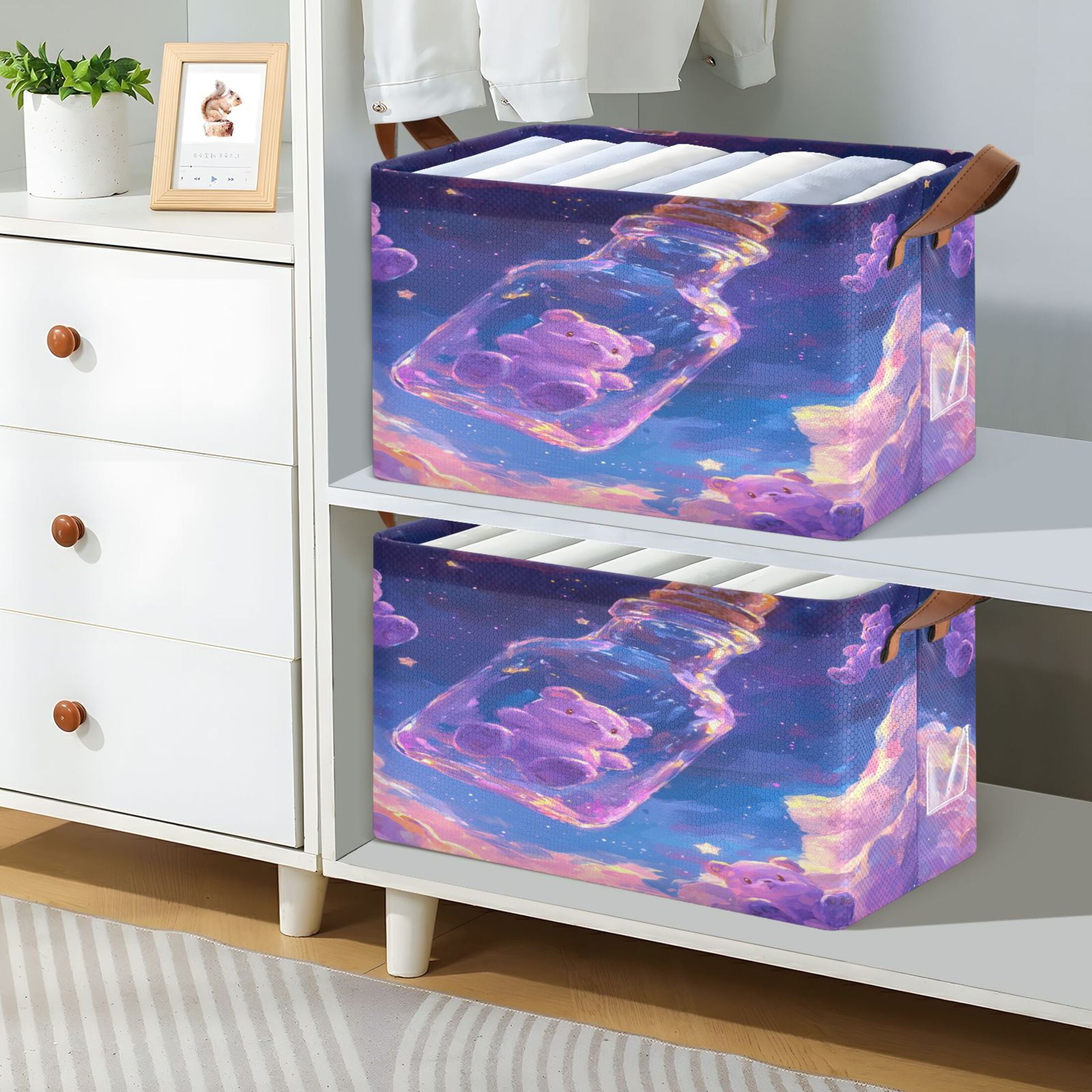 BZSMCE Collapsible Fabric Cube Storage Bins Purple Bear in Bottle Design Pattern Storage Box