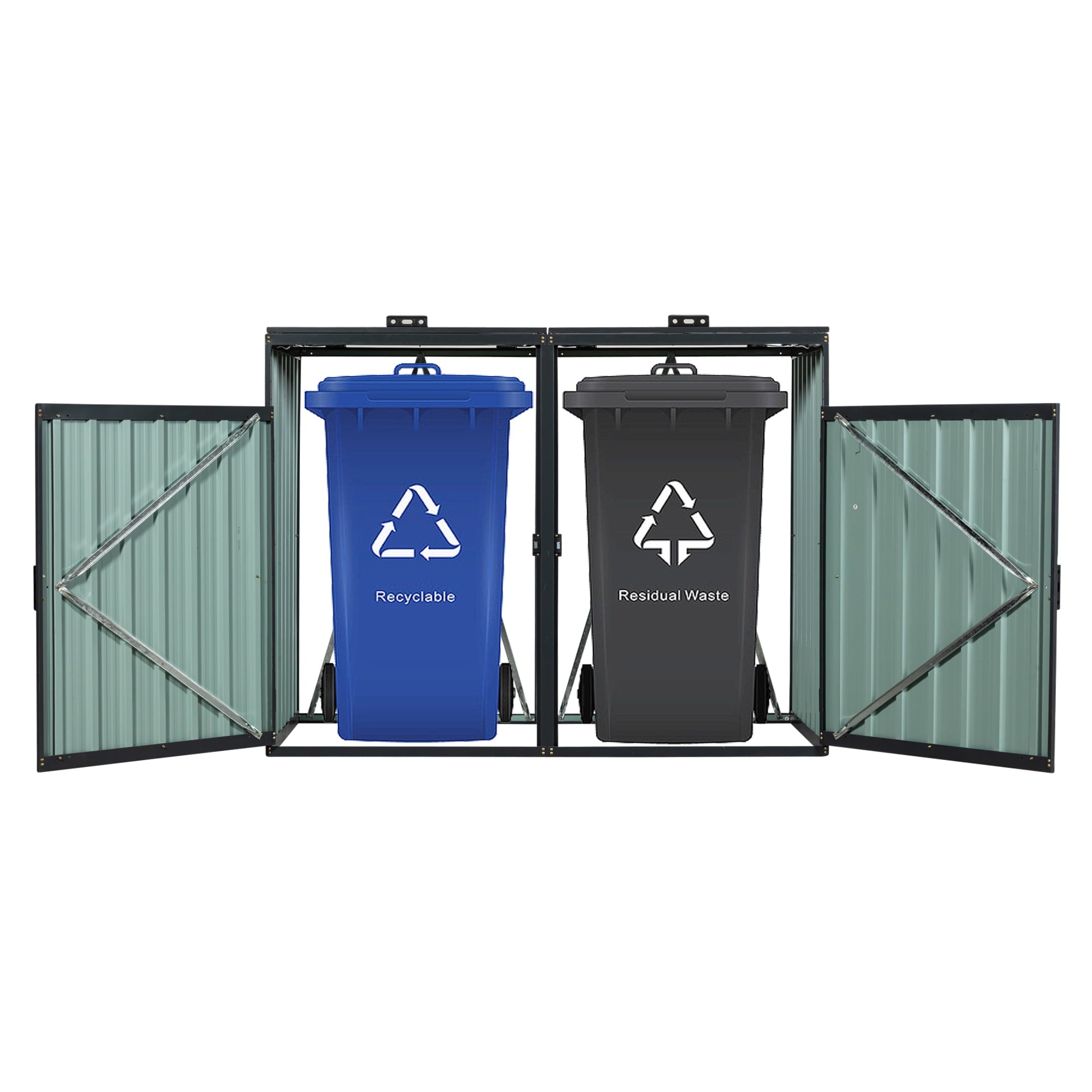 JXXRZ Metal Garbage Bin Shed for 2 Trash Cans with Lockable Doors and Lids,Galvanized Steel Garbage Bin Storage Shed for Garden Yard Lawn, Black