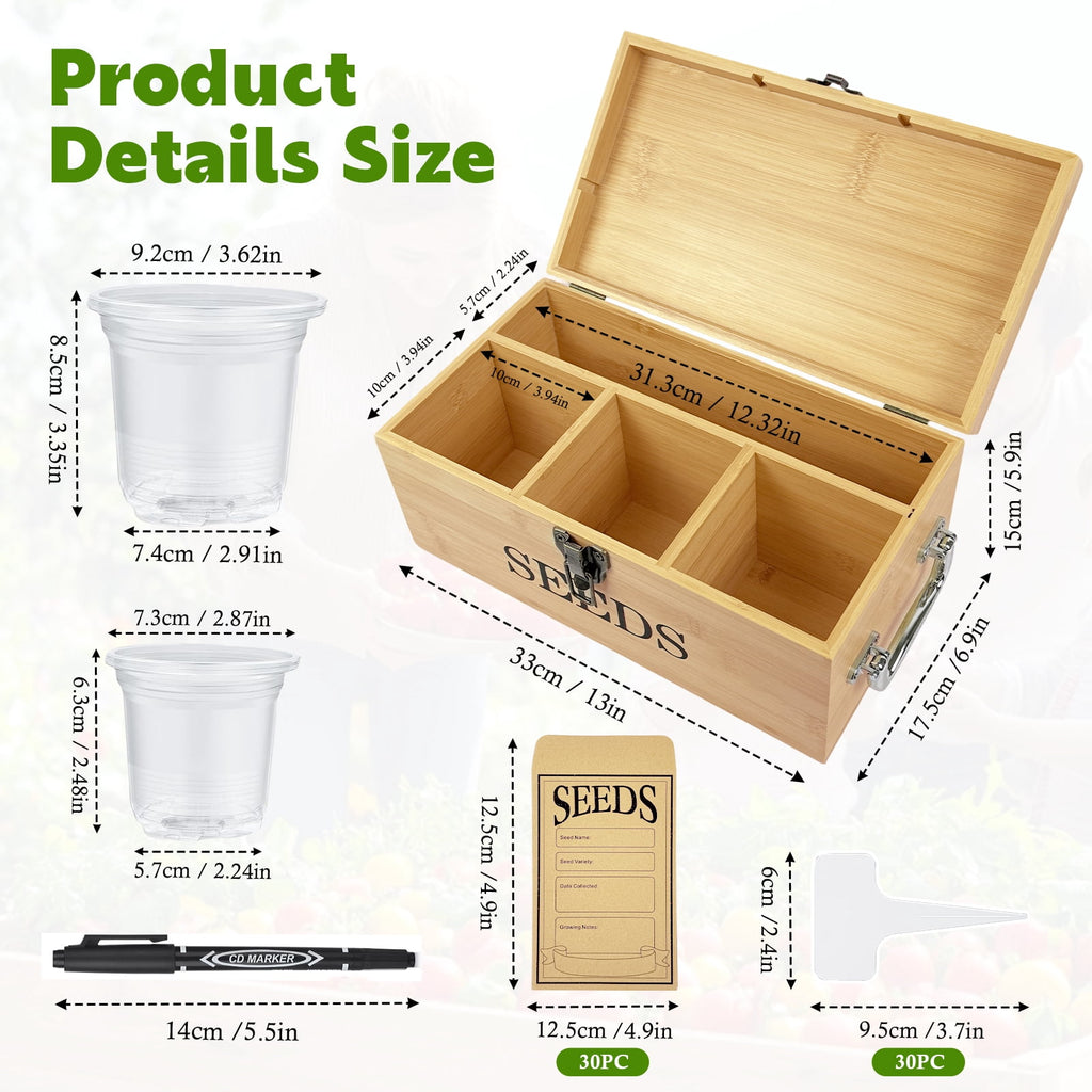 VOROLAK Wood Seed Saving Box, Seed Storage Organizer Case, Seed Packet Storage Organizer with Lock and 3 Handles, 30P Plant Labels, 30P Seeding Envelopes Bag
