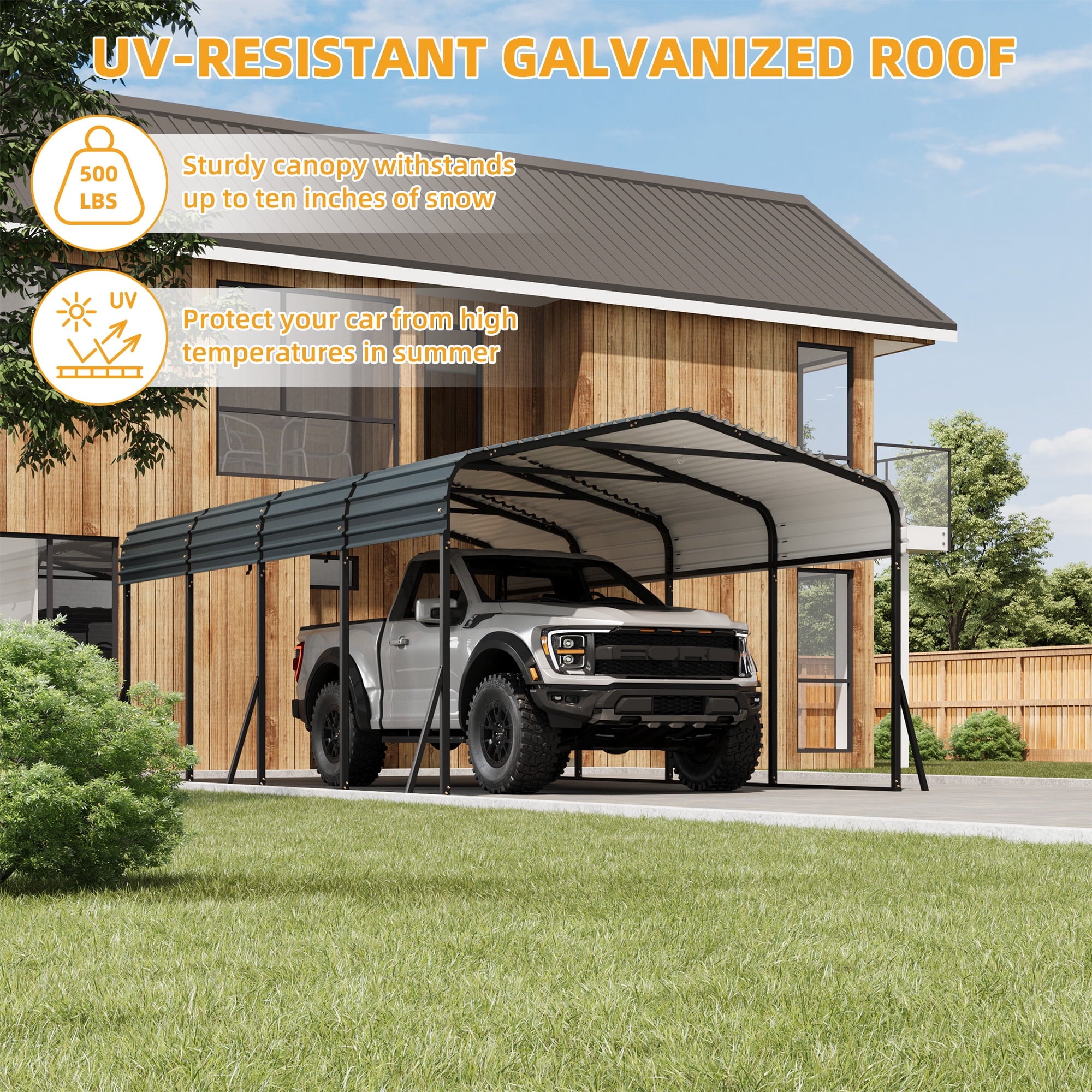 Ataucjin 12' x 20' Heavy Duty Metal Carport with Galvanized Steel Roof, Metal Roof Carport with Enhanced Base, Tall Metal Carport Kits Garage for Tractors, Pickup, Boat, Car(ship in 4 boxes)