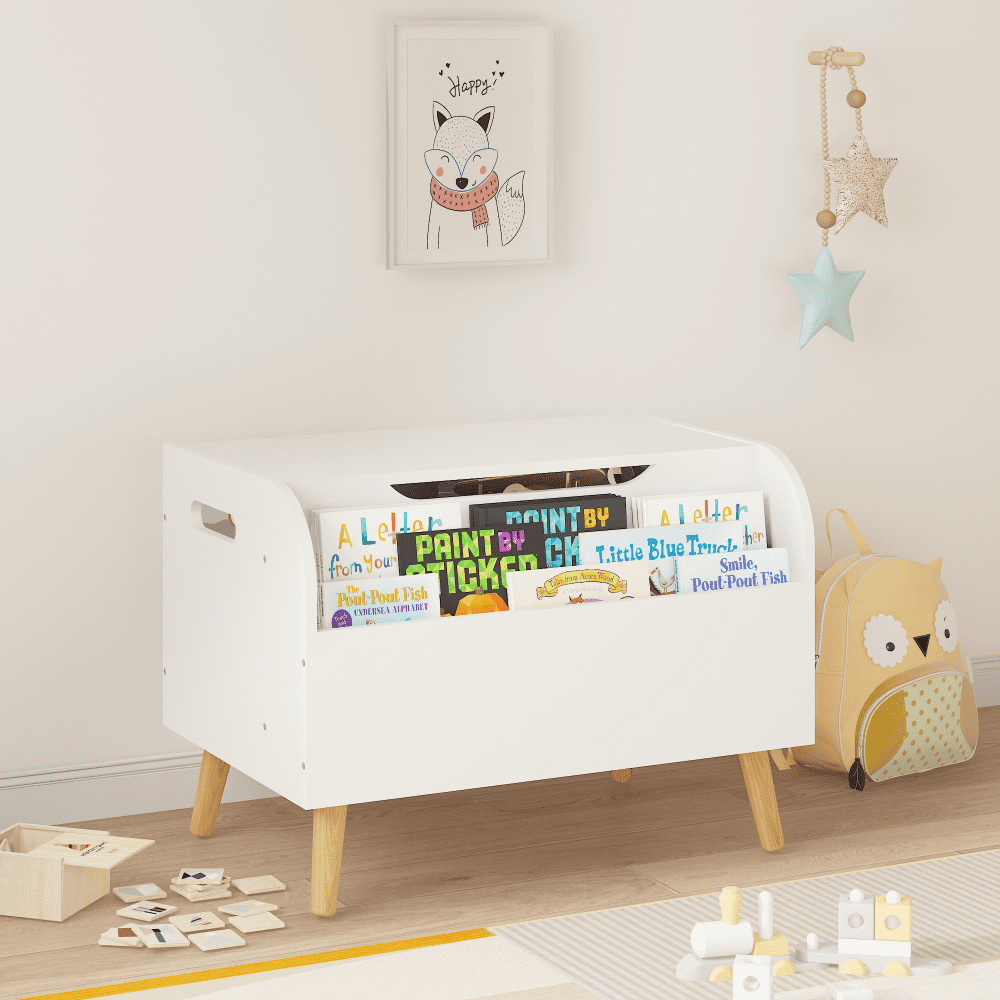 Large Wooden Toy Box with Front Bookshelf - Kids Toy Storage Organizer, Safety Hinge & Flip-Top Lid for Boys and Girls - Perfect Toy Chest Bench for Playroom Organization (White)