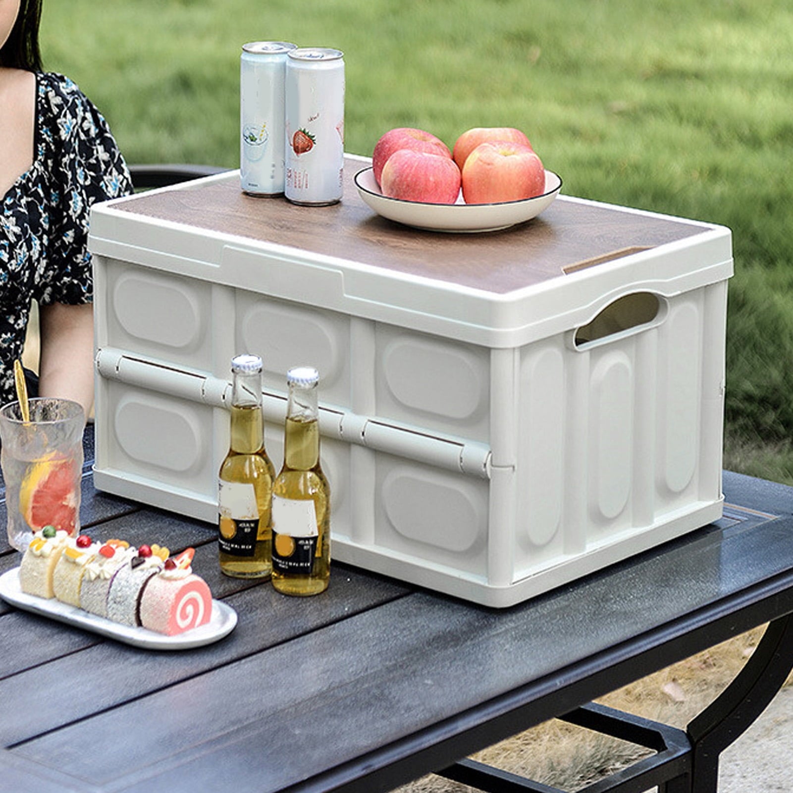 30L Outdoor Multifunctional Folding Storage Box Thicken Removable Portable Storage Box with Wooden Panel for Outdoor White