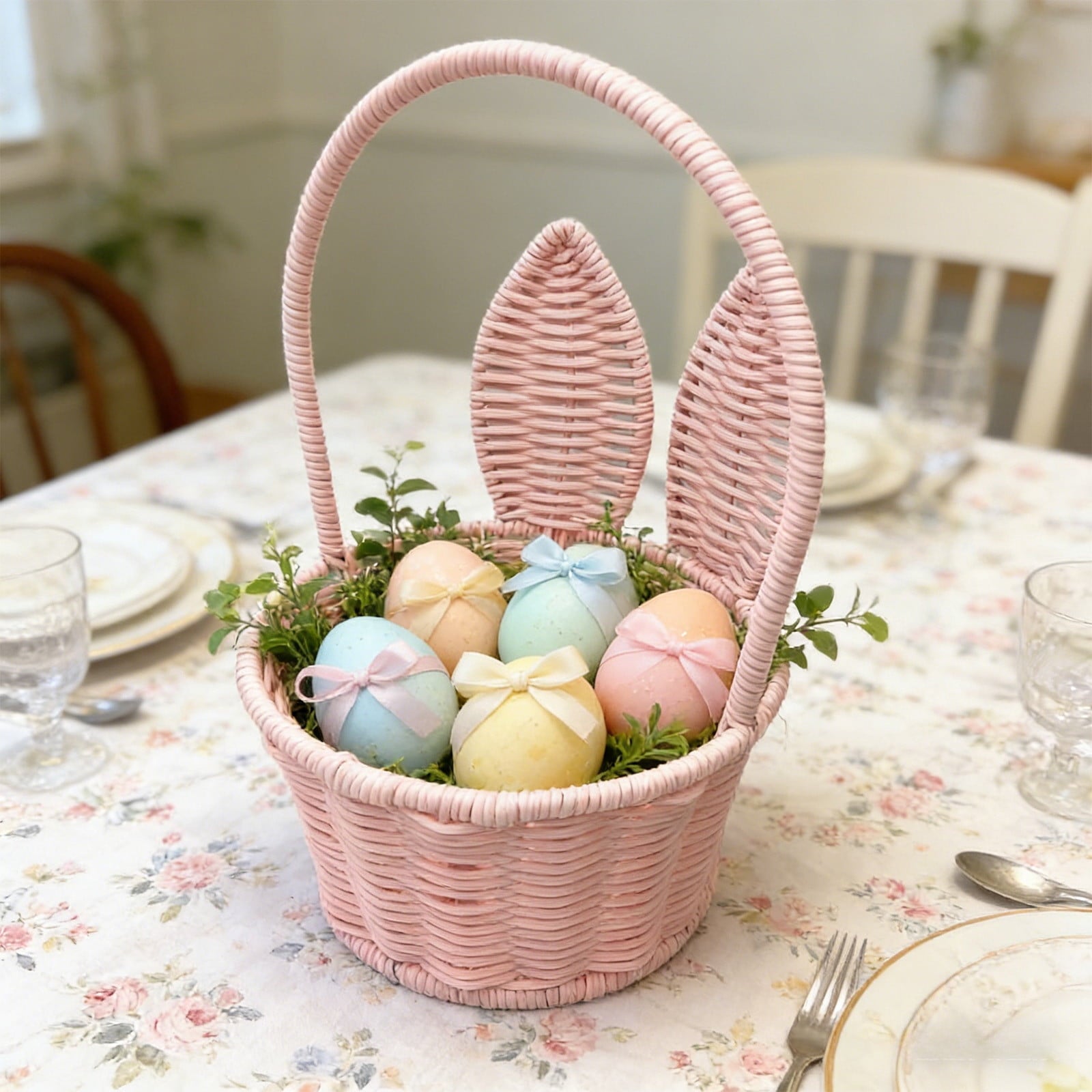 Easter Basket with Bunny Ears, Woven Plastic Rattan Storage Bin for Home Decor, Kitchen Organization, Flower Arrangements & Party - Pink, 10.63x6.69x5.51 in