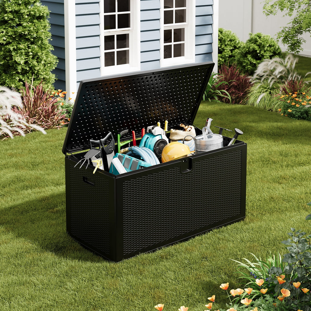Ataujin 150 Gallon Outdoor Storage Box, Weather-Resistant Outdoor Storage Box with Lid, Large Resin Deck Box with Hydraulic Air Rod, Weatherproof & Lockable for Patio Cushions, Garden Tools